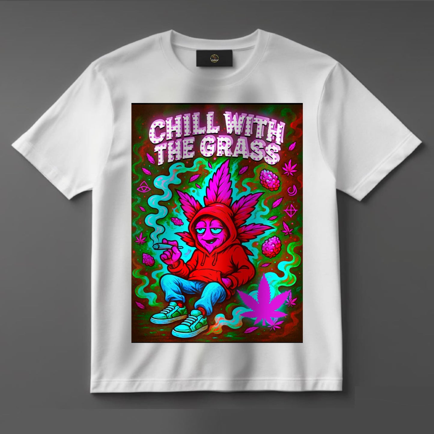 Black or white T-shirt featuring a relaxed, playful design with the phrase ‘Chill With the Grass’ alongside cannabis leaves, smoke, and laid-back vibes — perfect for stoners and weed lifestyle fans.