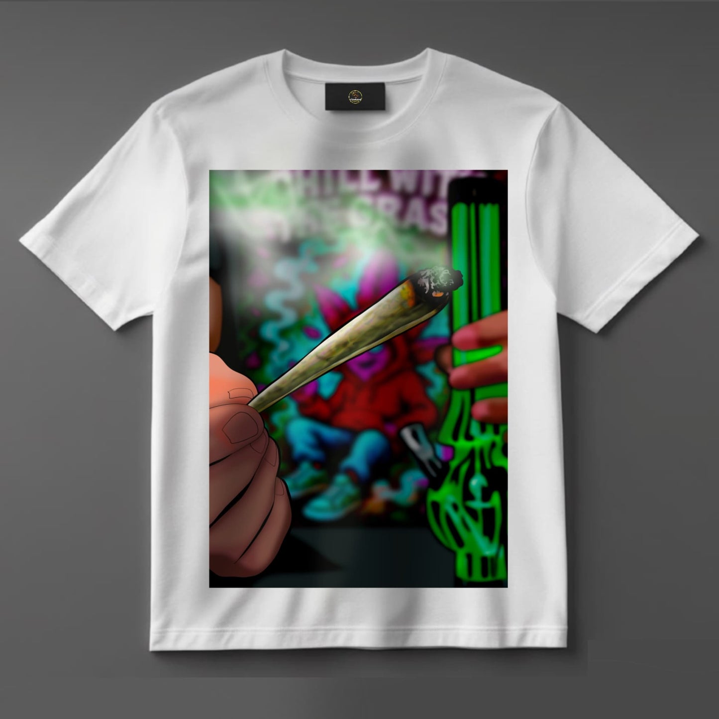 Black or white T-shirt featuring a vibrant graphic of a bong and a spliff crossed together with smoke swirling around, surrounded by cannabis leaves — a bold, fun design for stoners and weed culture enthusiasts.