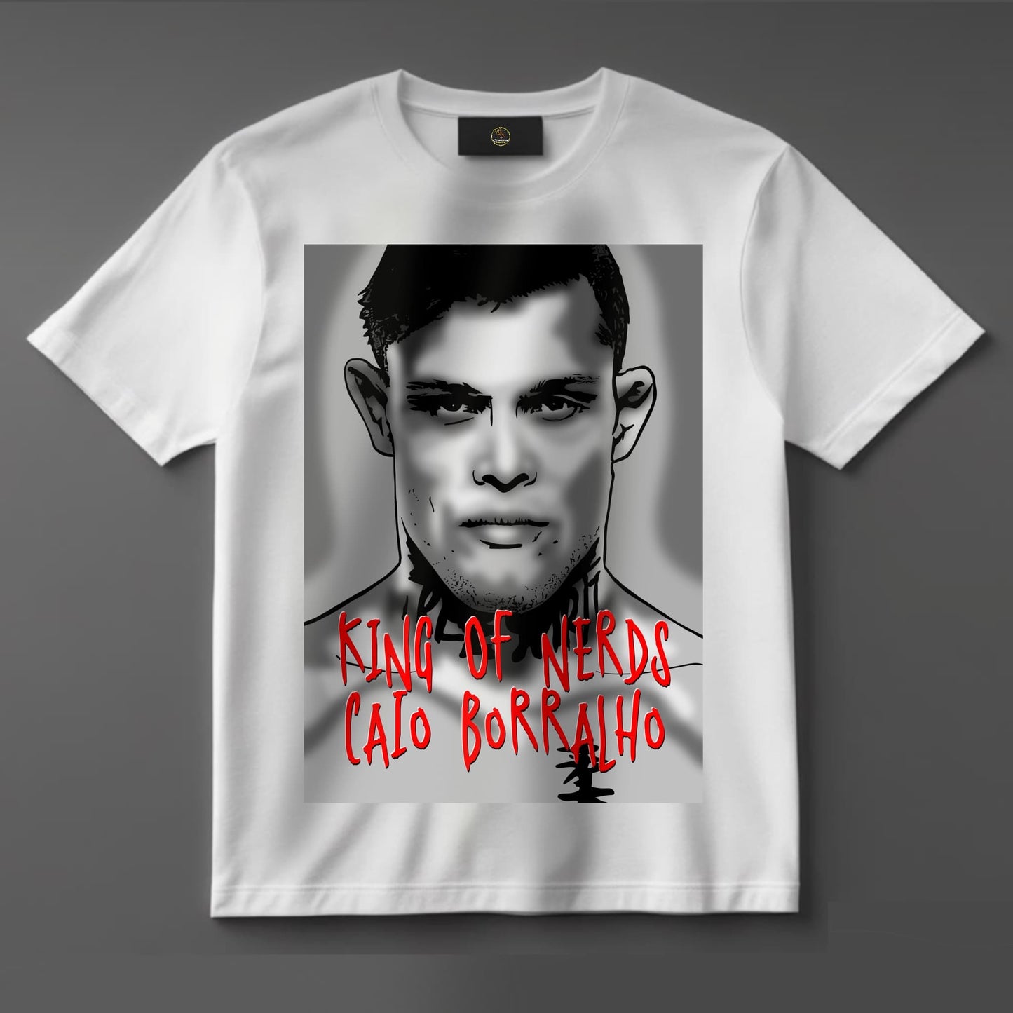 Black or white T-shirt featuring bold artwork of UFC fighter Caio Borralho with glasses and cape, crowned as ‘King of the Fighting Nerds’ — a unique design for MMA fans who embrace brains and brawn.