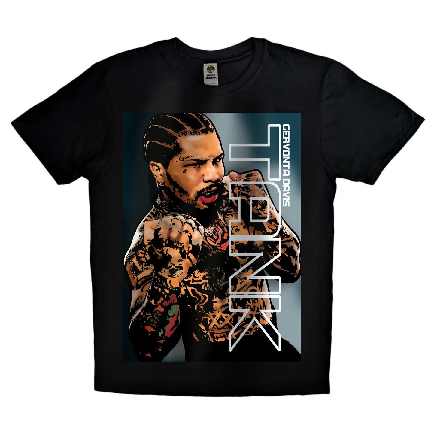 Black T-shirt featuring bold graphic artwork of boxing star Gervonta ‘Tank’ Davis with the phrase ‘Get Onto Tank’ in striking text — perfect for fight fans and boxing enthusiasts.