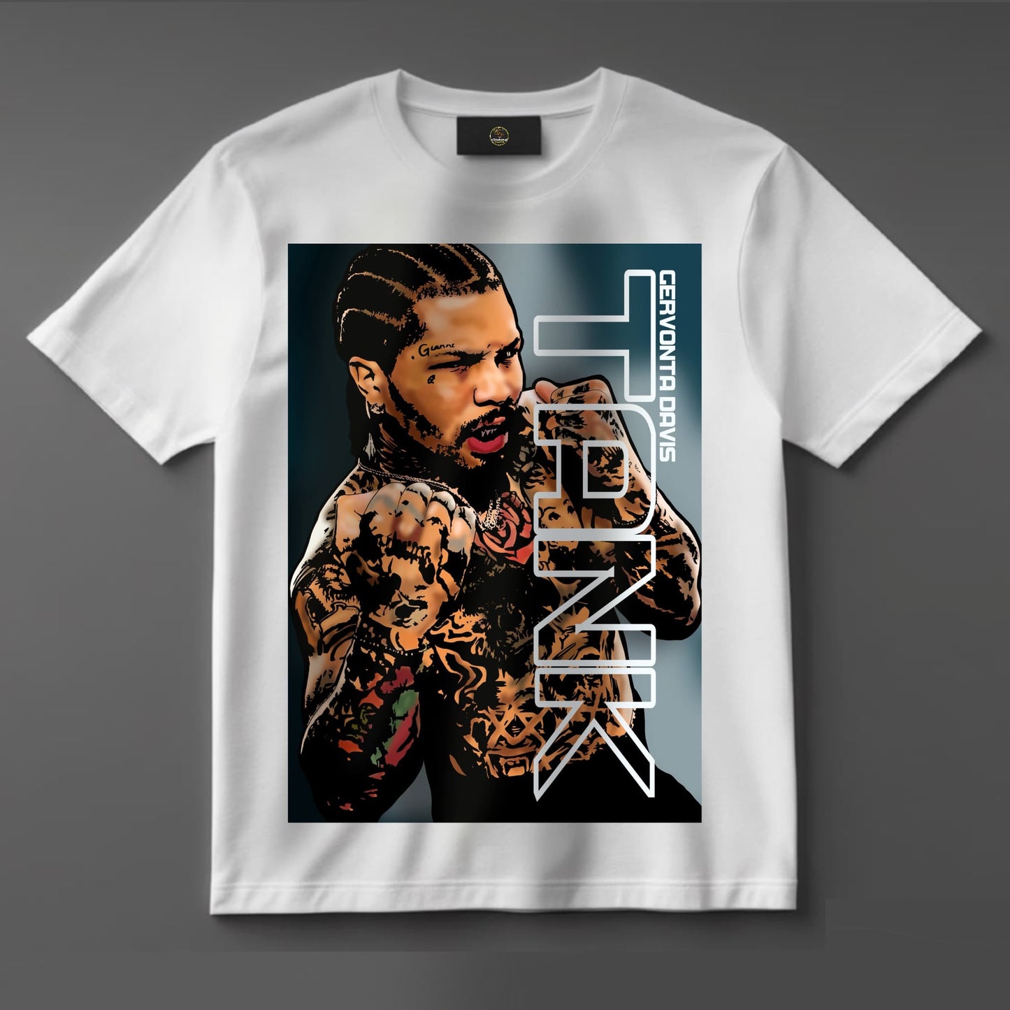 Black T-shirt featuring bold graphic artwork of boxing star Gervonta ‘Tank’ Davis with the phrase ‘Get Onto Tank’ in striking text — perfect for fight fans and boxing enthusiasts.