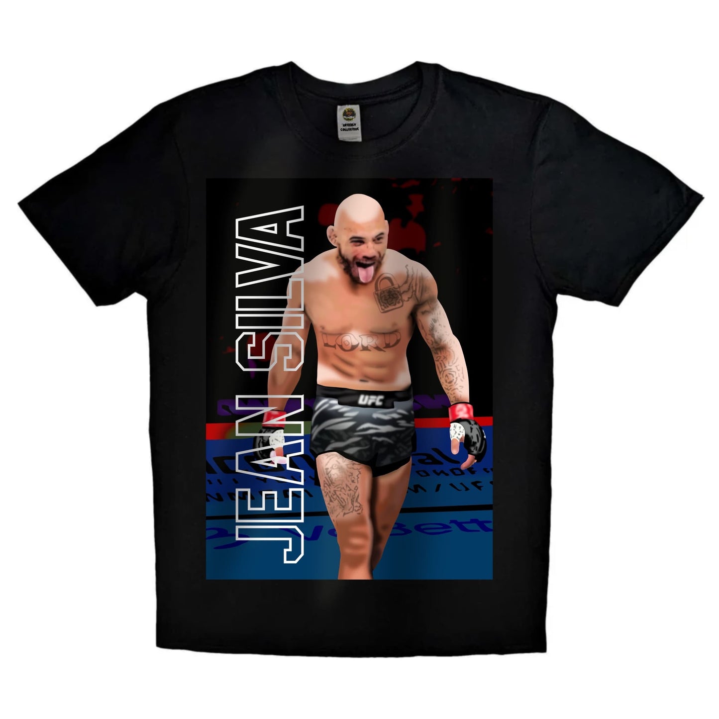 Black or white T-shirt featuring dynamic artwork of UFC fighter Jean Silva styled as ‘The Lord of the Fighting Nerds’ — a playful yet powerful design blending MMA toughness with geek culture flair.