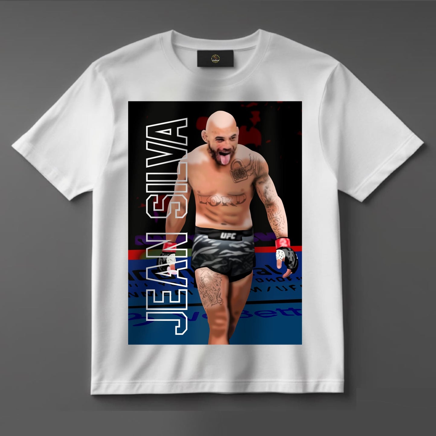Black or white T-shirt featuring dynamic artwork of UFC fighter Jean Silva styled as ‘The Lord of the Fighting Nerds’ — a playful yet powerful design blending MMA toughness with geek culture flair.