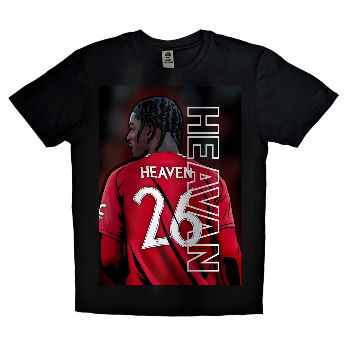 Black or white T-shirt featuring striking artwork of Ayden Heaven, the new Manchester United youth star, in the classic red kit — a fresh tribute to the next generation of Old Trafford talent.