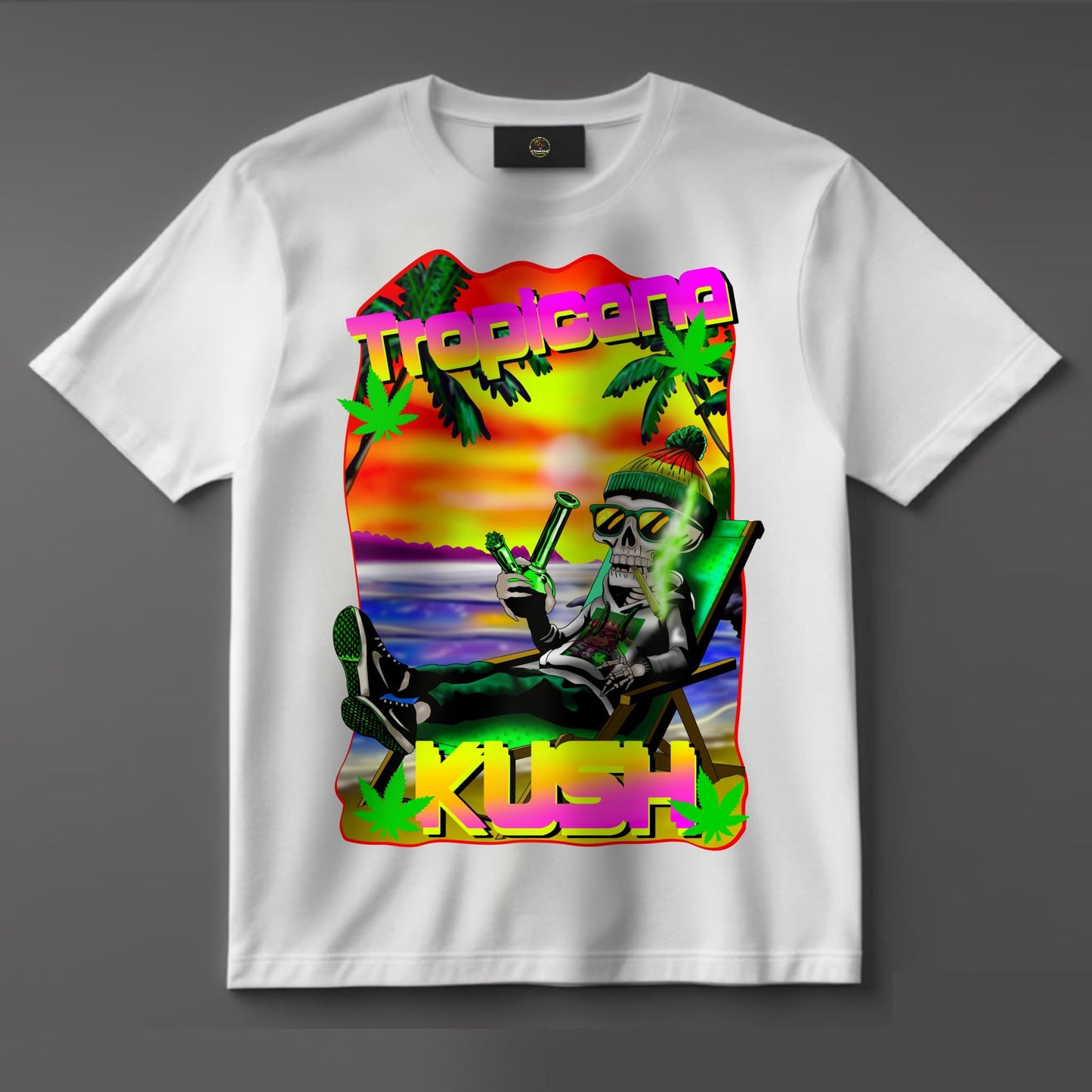 Black or white T-shirt featuring a chilled skeleton lounging on a tropical beach, smoking a spliff with palm trees and sun in the background, labeled ‘Tropicana Kush’ — a vibrant, laid-back design for weed lovers and beach vibes.