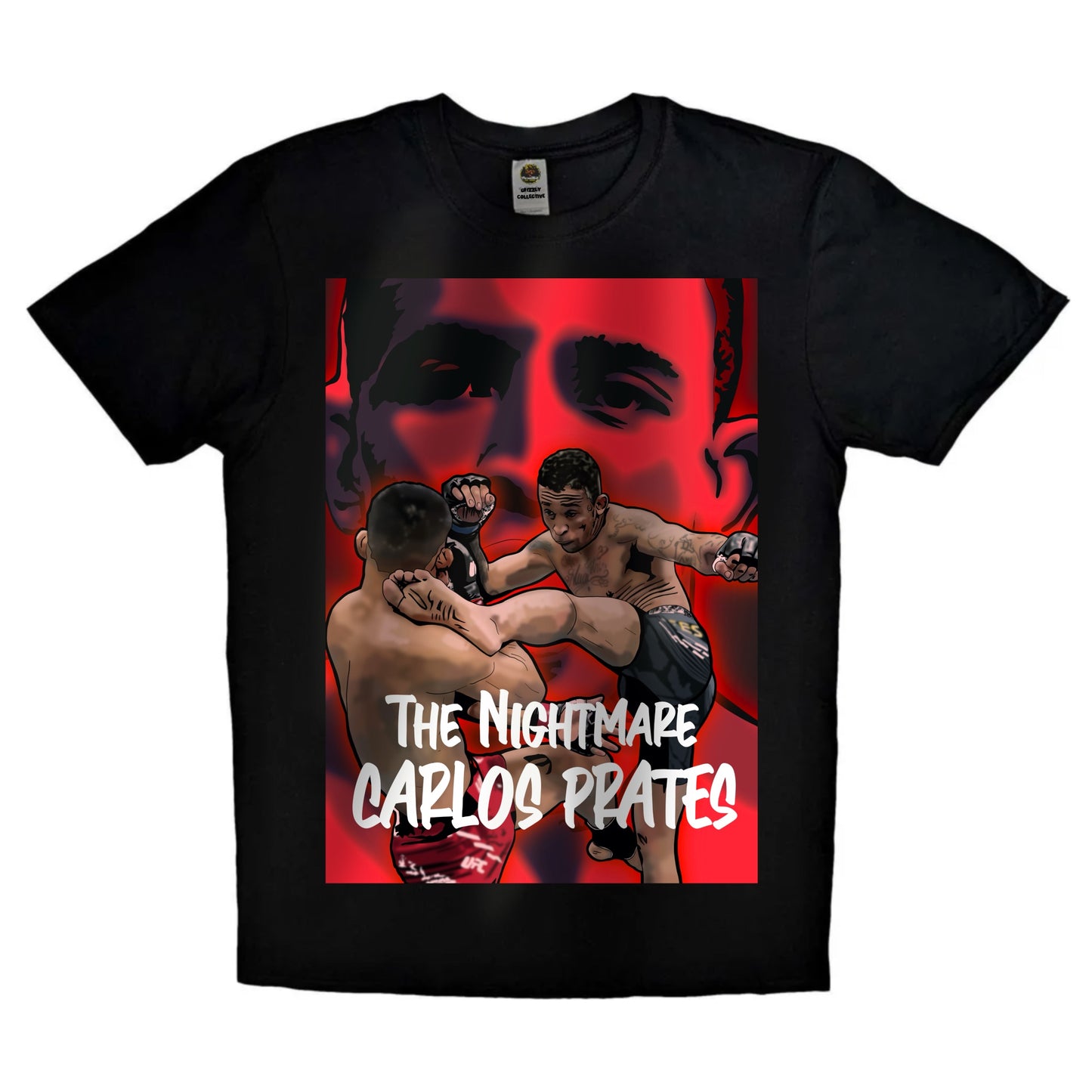 Black or white T-shirt featuring intense artwork of Carlos ‘The Nightmare’ Prates, rising Brazilian UFC prospect, with bold text and fight-ready stance — a striking design for MMA fans and supporters of Brazil’s next big talent.