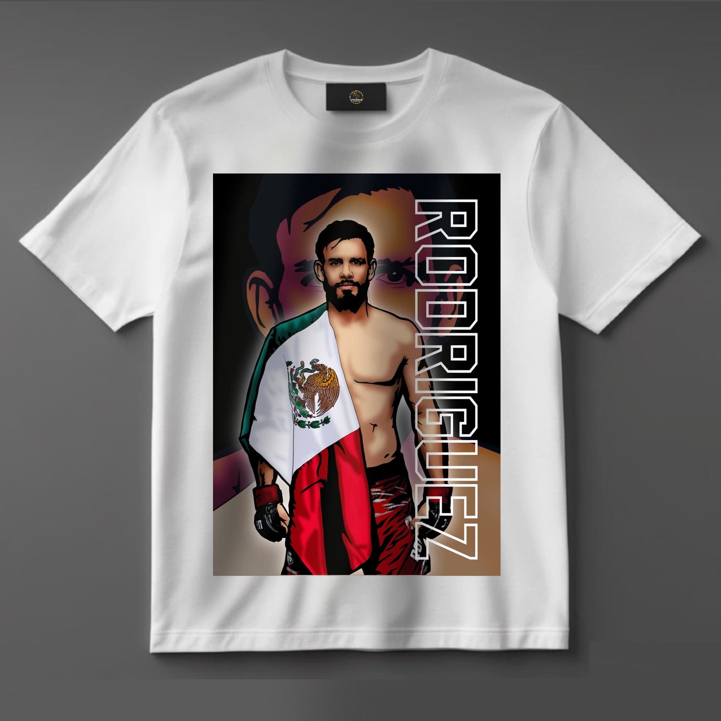 Black or white T-shirt featuring dynamic artwork of Yair Rodríguez, explosive Mexican UFC featherweight, with national colors and bold text — a striking tribute to one of Mexico’s top MMA fighters.