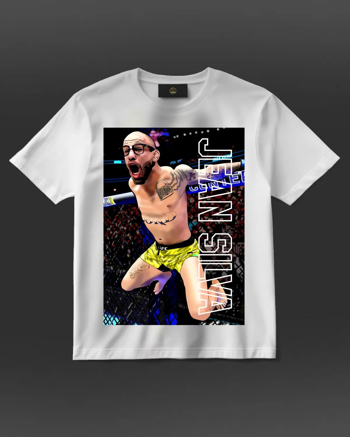 Black or white T-shirt featuring bold, comic-style artwork of UFC fighter Jean Silva repping the ‘Fighting Nerds’ theme — a unique fusion of MMA grit and geek culture flair for hardcore fans.