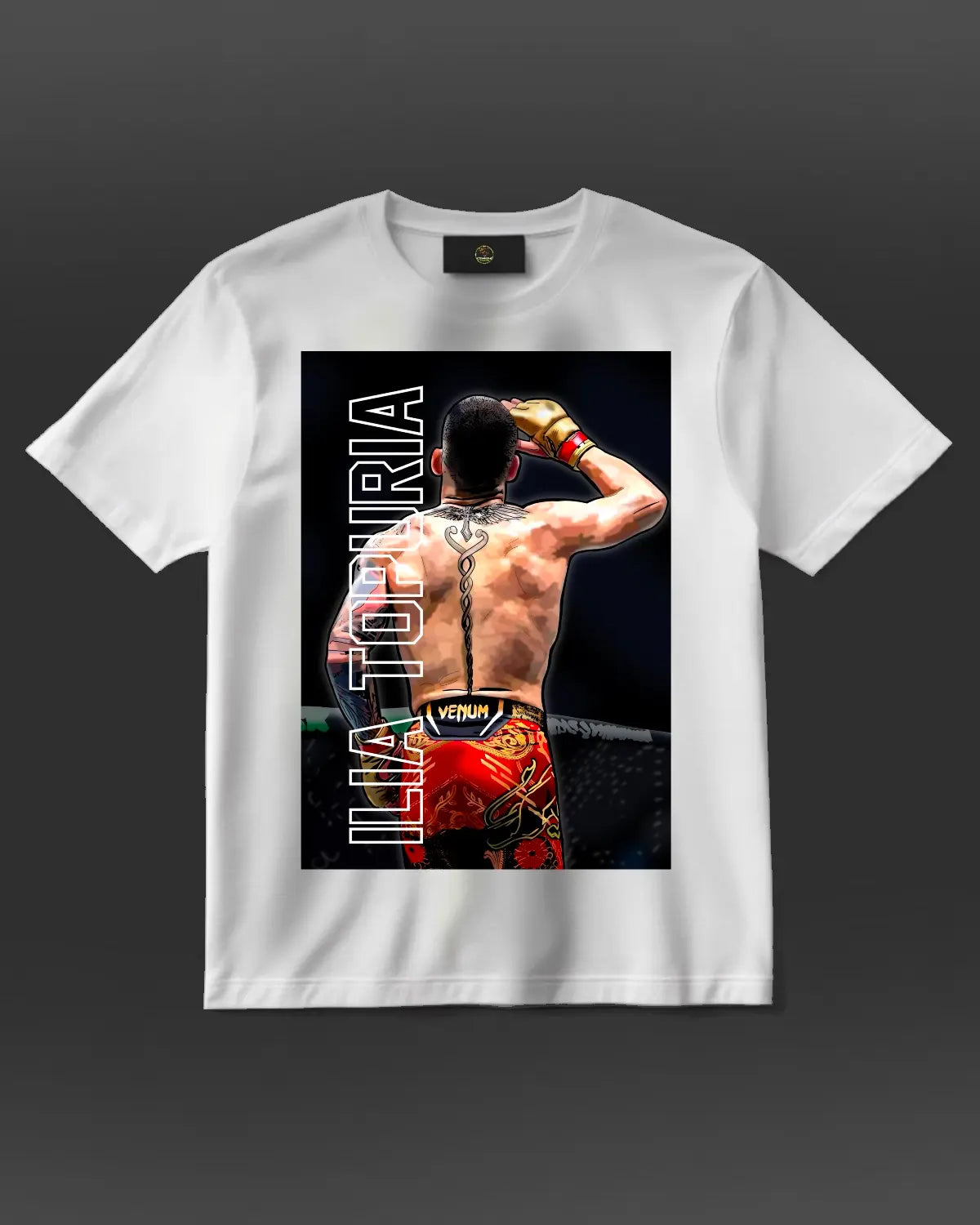 Ilia Topuria UFC lightweight fighter T-shirt design – Spanish MMA athlete graphic by GrizzlyGFX in black or white