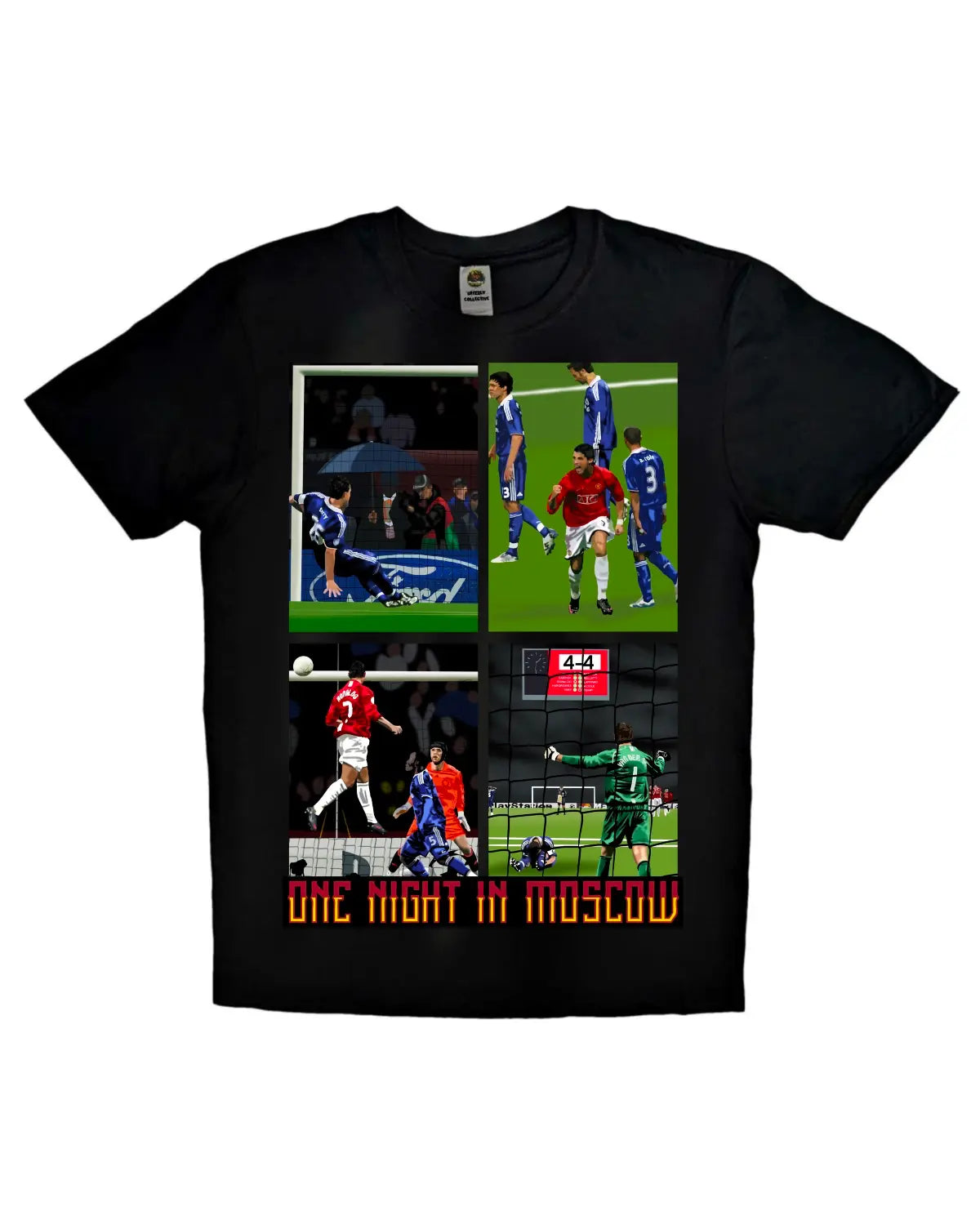 Manchester United 2008 Champions League final T-shirt – Ronaldo header, John Terry slip, Van der Sar save – One Night in Moscow artwork, adult unisex black or white