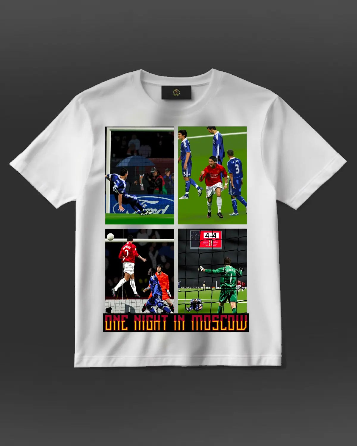 Manchester United 2008 Champions League final T-shirt – Ronaldo header, John Terry slip, Van der Sar save – One Night in Moscow artwork, adult unisex black or white
