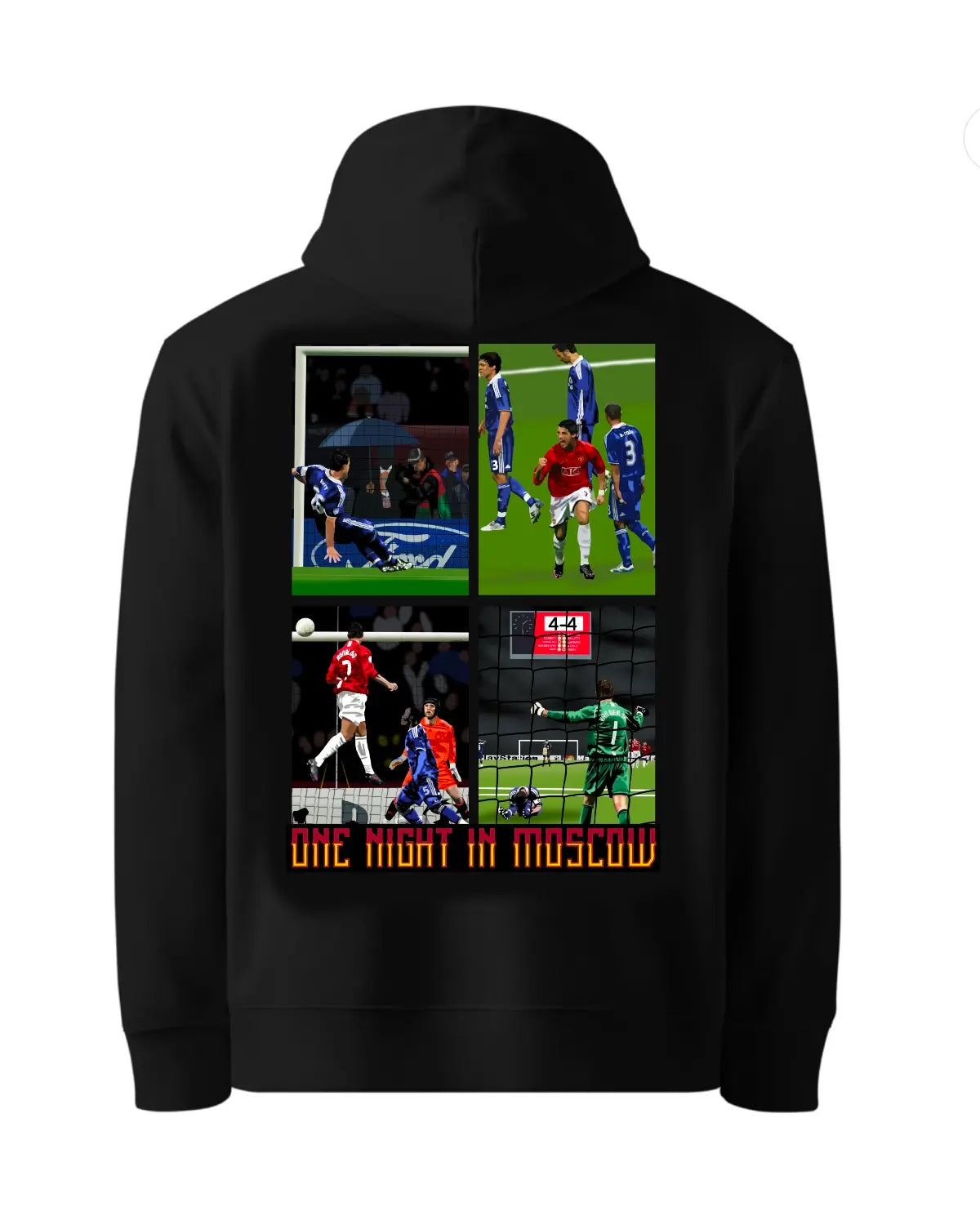 Manchester United 2008 Champions League hoodie – One Night in Moscow design featuring Ronaldo header, Terry slip, and Van der Sar save – adult unisex black or white