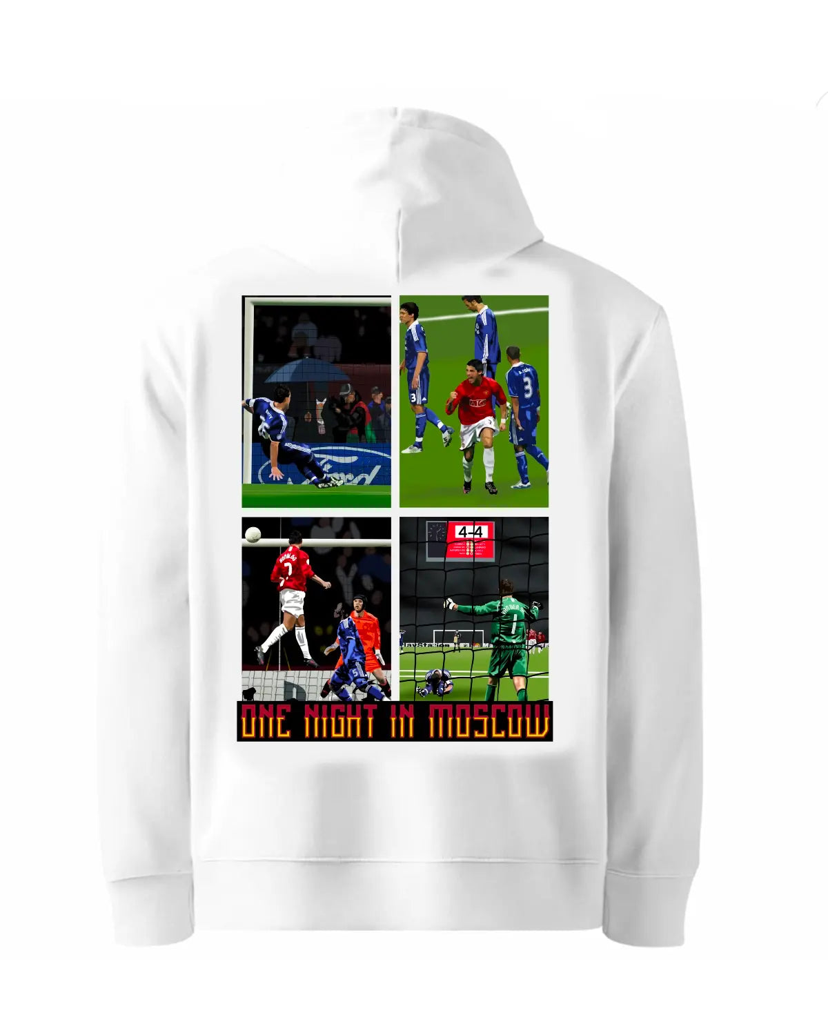 Manchester United 2008 Champions League hoodie – One Night in Moscow design featuring Ronaldo header, Terry slip, and Van der Sar save – adult unisex black or white