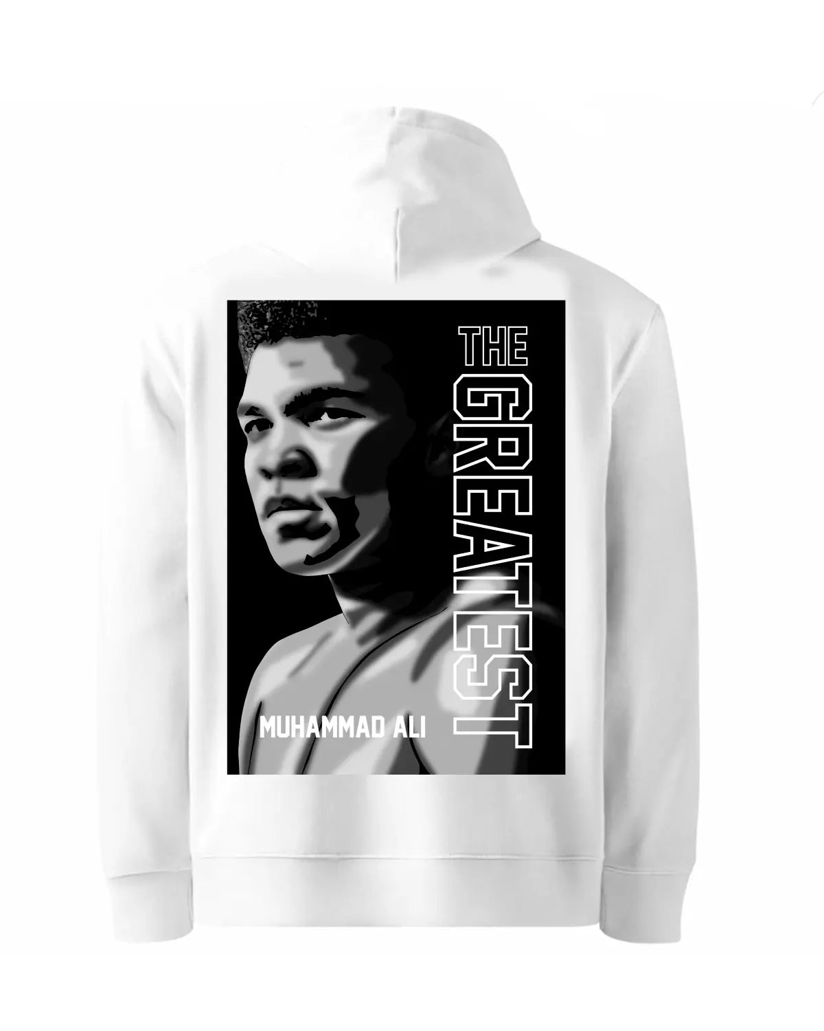 Black or white Muhammad Ali boxing hoodie by GrizzlyGFX – adult unisex streetwear tribute design