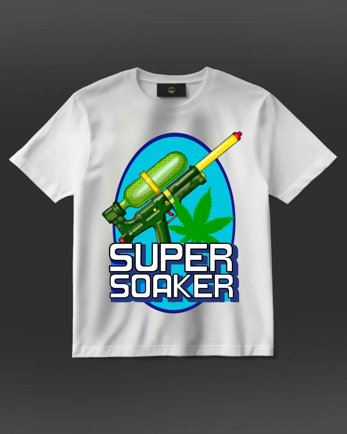Super Soaker cannabis art T-shirt by GrizzlySlapz – unisex black or white 420-inspired design