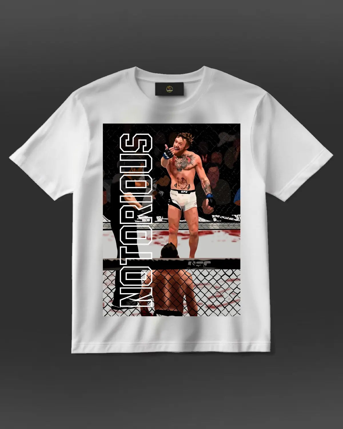 Black or white T-shirt featuring Conor McGregor vs Chad Mendes UFC 189 artwork by GrizzlyGFX – “Bring It On” design