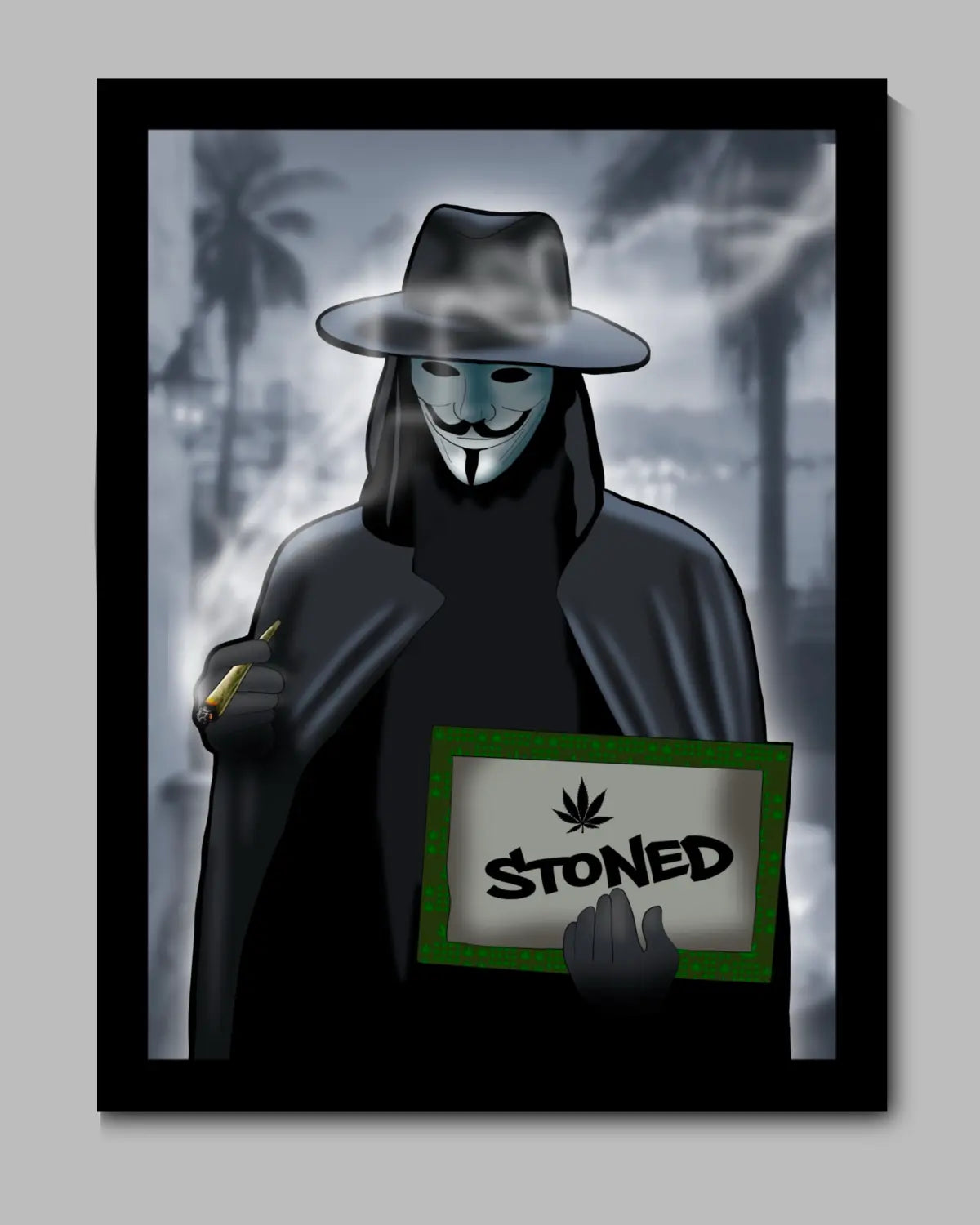 24x36 inch framed canvas artwork of stoned anonymous figure holding a sign – cannabis-inspired design by GrizzlySlapz