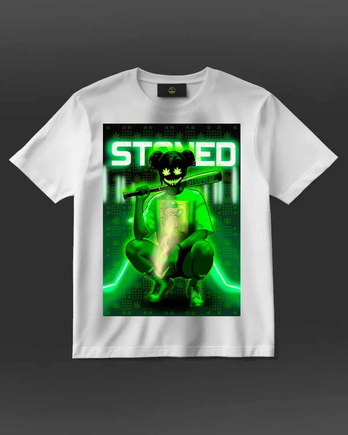 Stoned Woman with Leaf Mask Neon Design T-Shirt – By GrizzlySlapz (Black or White)