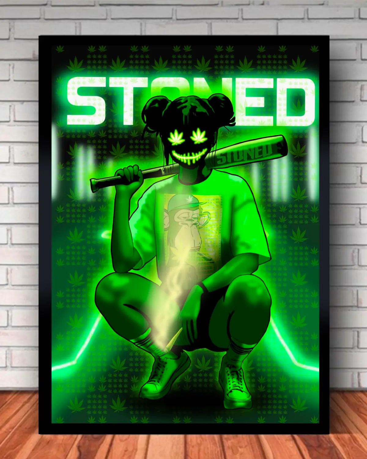 24″ x 36″ Framed Canvas – Stoned Woman with Leaf Mask by GrizzlySlapz