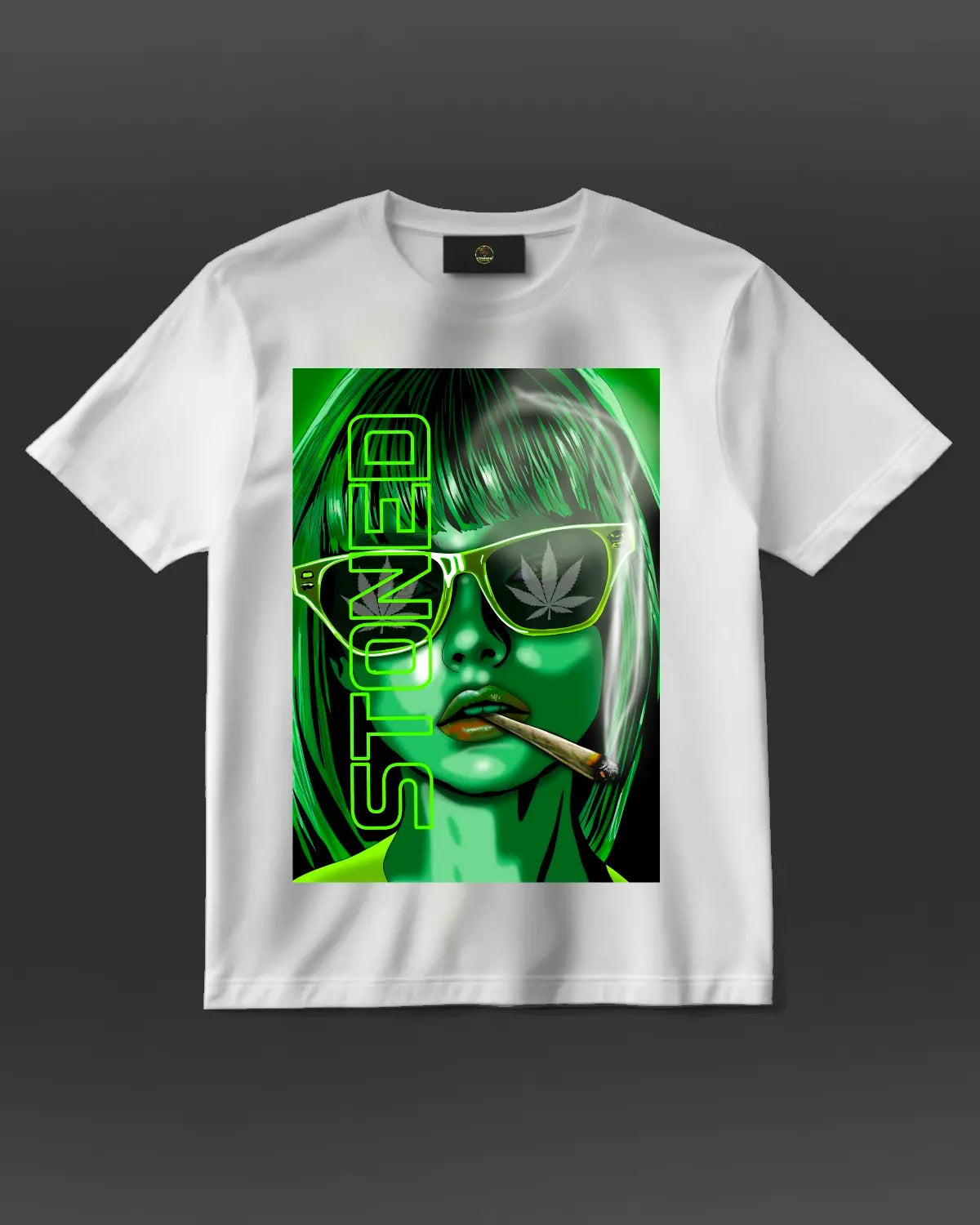 Stoned: Green-Haired Woman Smoking Spliff T-Shirt by GrizzlySlapz – Adult Unisex (Black or White)