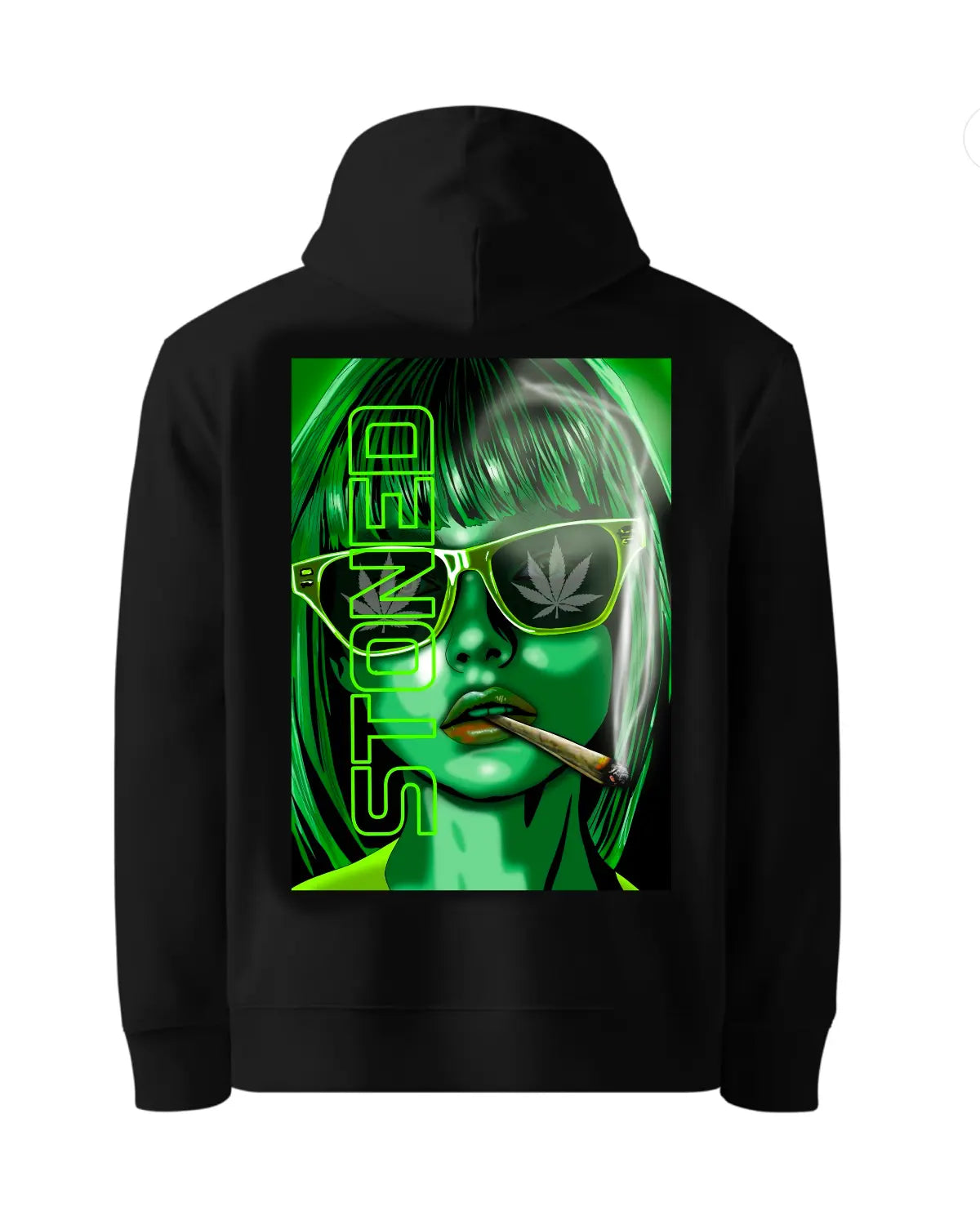 Stoned: Green-Haired Woman Smoking Spliff Hoodie by GrizzlySlapz – Adult Unisex (Black or White)