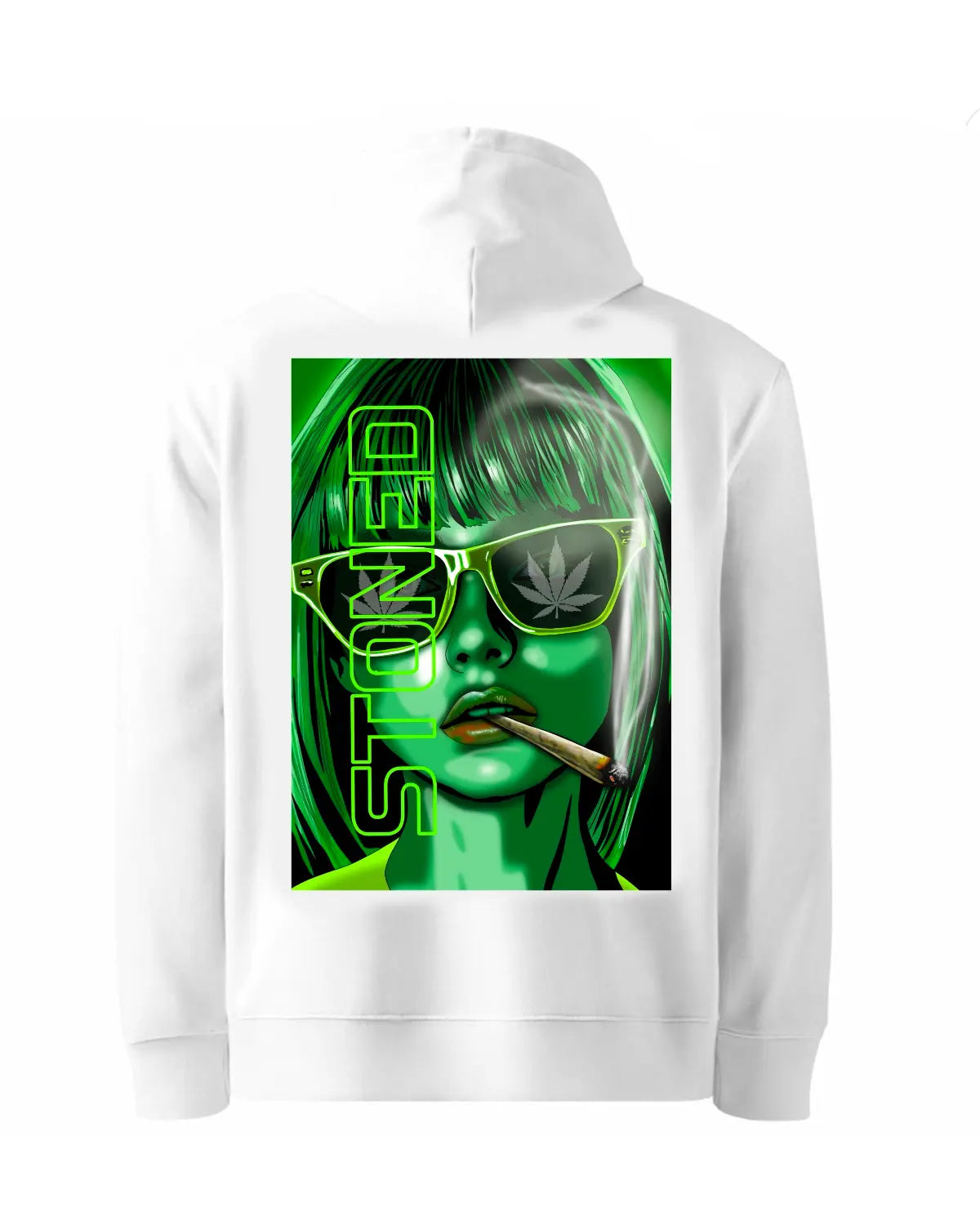 Stoned: Green-Haired Woman Smoking Spliff Hoodie by GrizzlySlapz – Adult Unisex (Black or White)