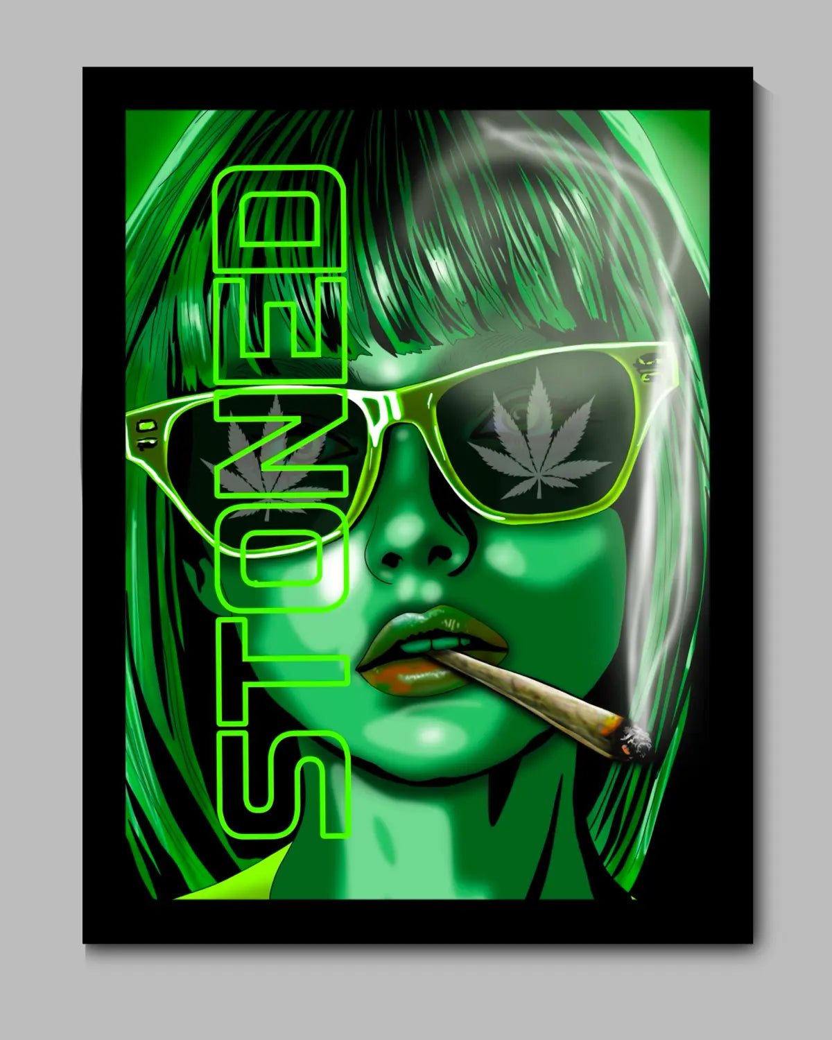 Stoned Green-Haired Woman Smoking Spliff – Framed Canvas Wall Art 24x36 by GrizzlySlapz
