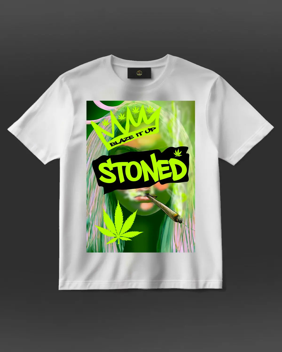Stoned Woman Smoking Spliff – Neon Green Crown Weed Leaf Design T-Shirt by GrizzlySlapz (Black or White, Adult Unisex)