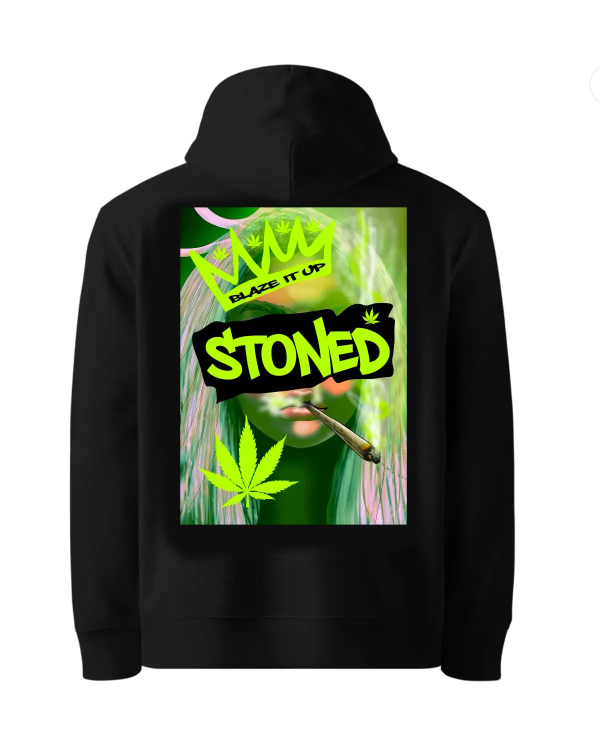Stoned Woman Smoking Spliff Hoodie – Neon Green Crown & Weed Leaf Design by GrizzlySlapz (Black or White, Adult Unisex)