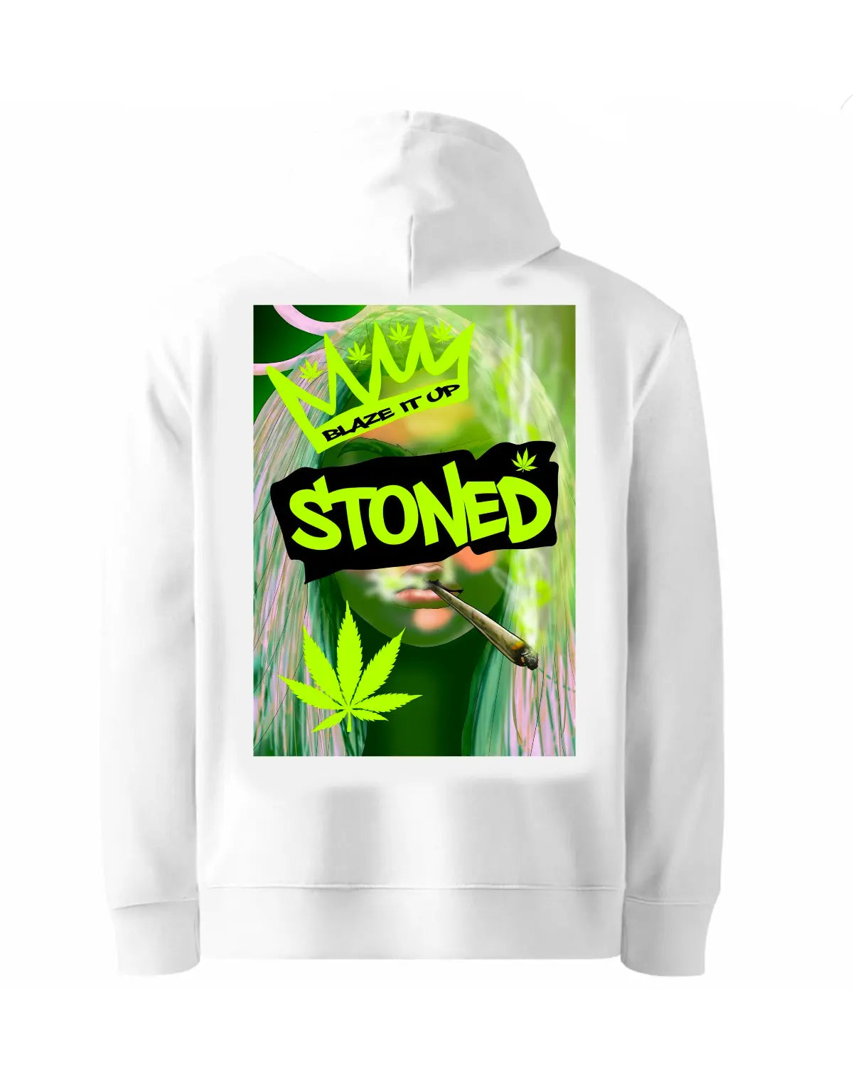 Stoned Woman Smoking Spliff Hoodie – Neon Green Crown & Weed Leaf Design by GrizzlySlapz (Black or White, Adult Unisex)