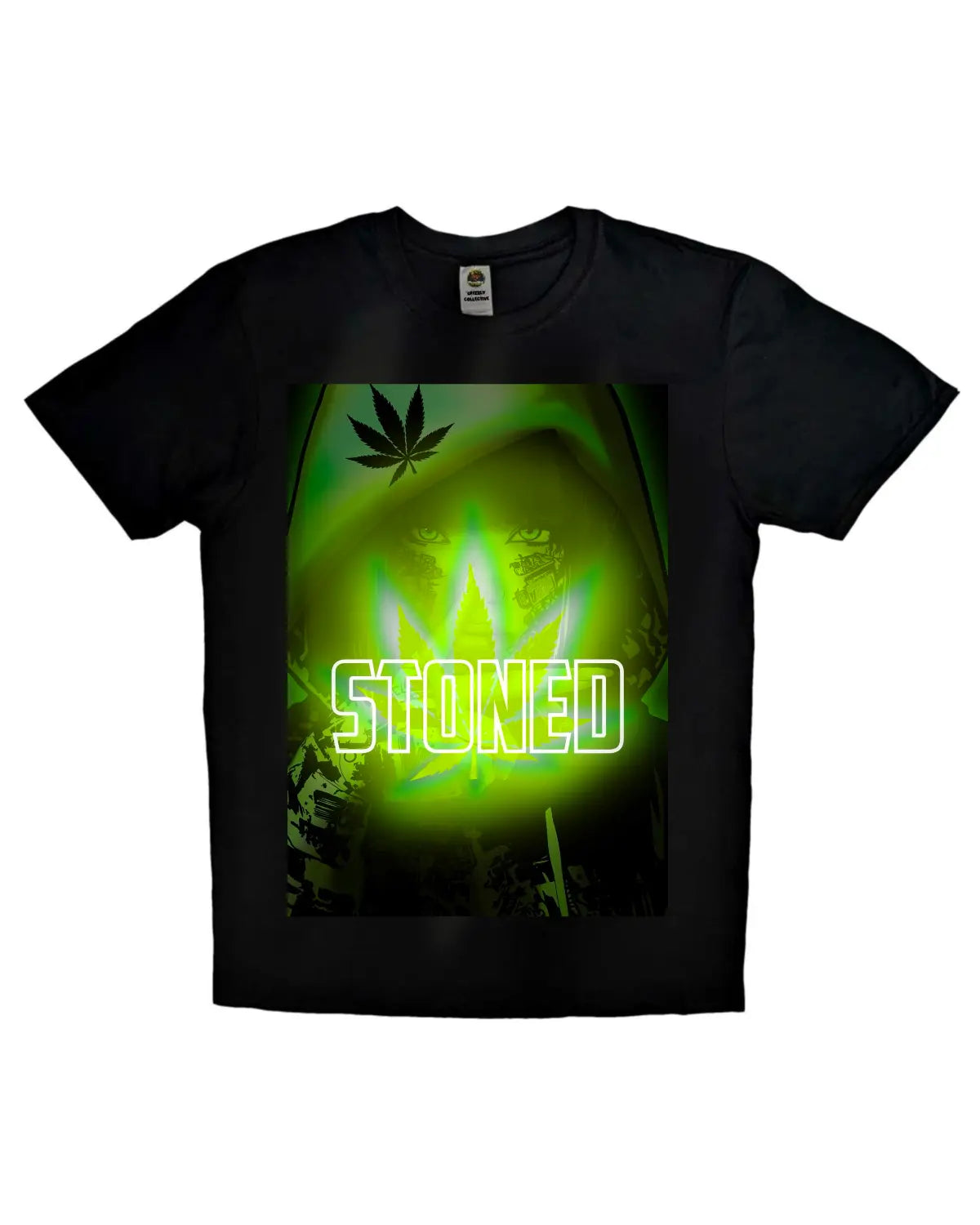 Stoned: Spliff-Smoking Woman Weed Leaf Light Drawing T-Shirt by GrizzlySlapz (Adult Unisex, Black or White)