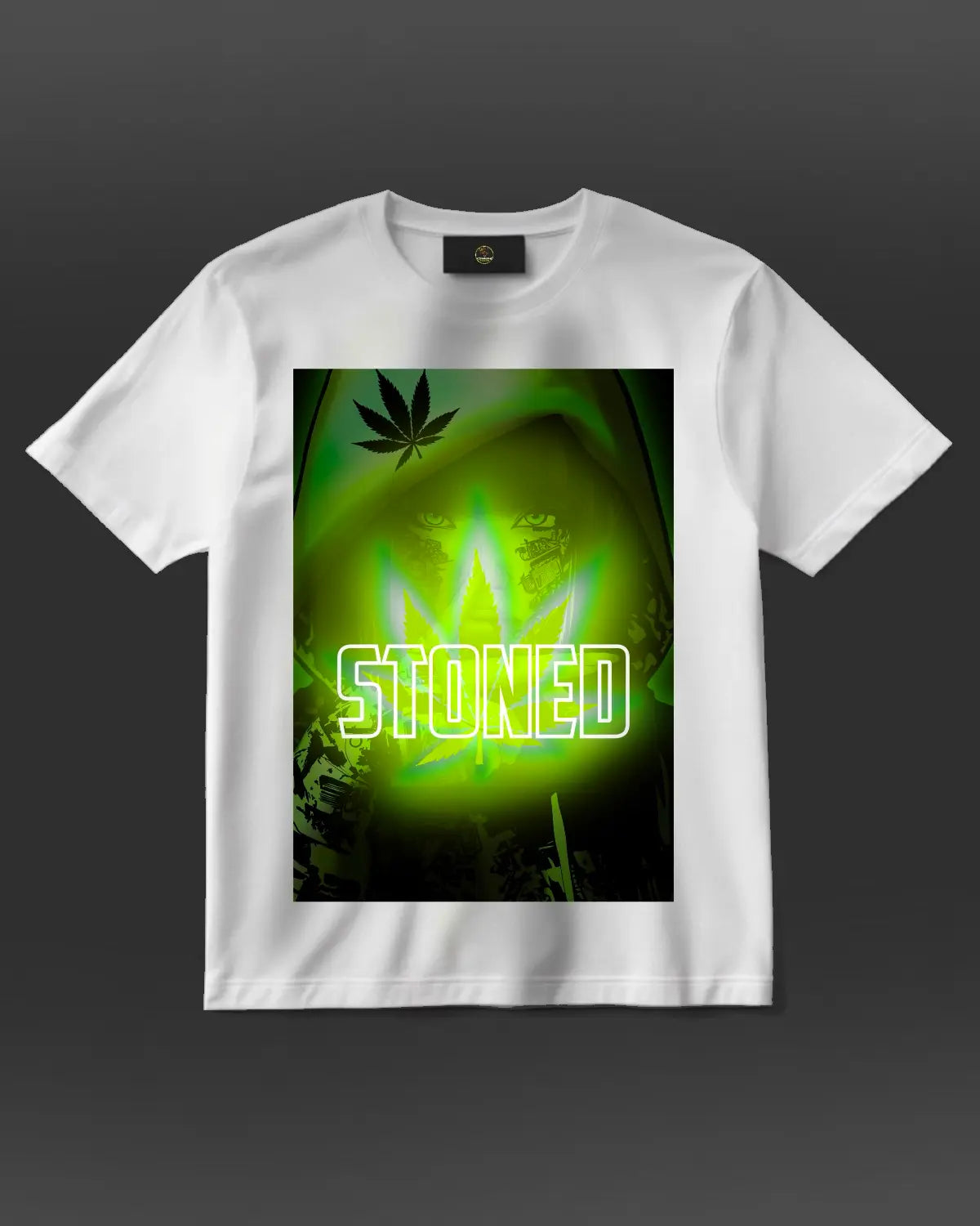 Stoned: Spliff-Smoking Woman Weed Leaf Light Drawing T-Shirt by GrizzlySlapz (Adult Unisex, Black or White)