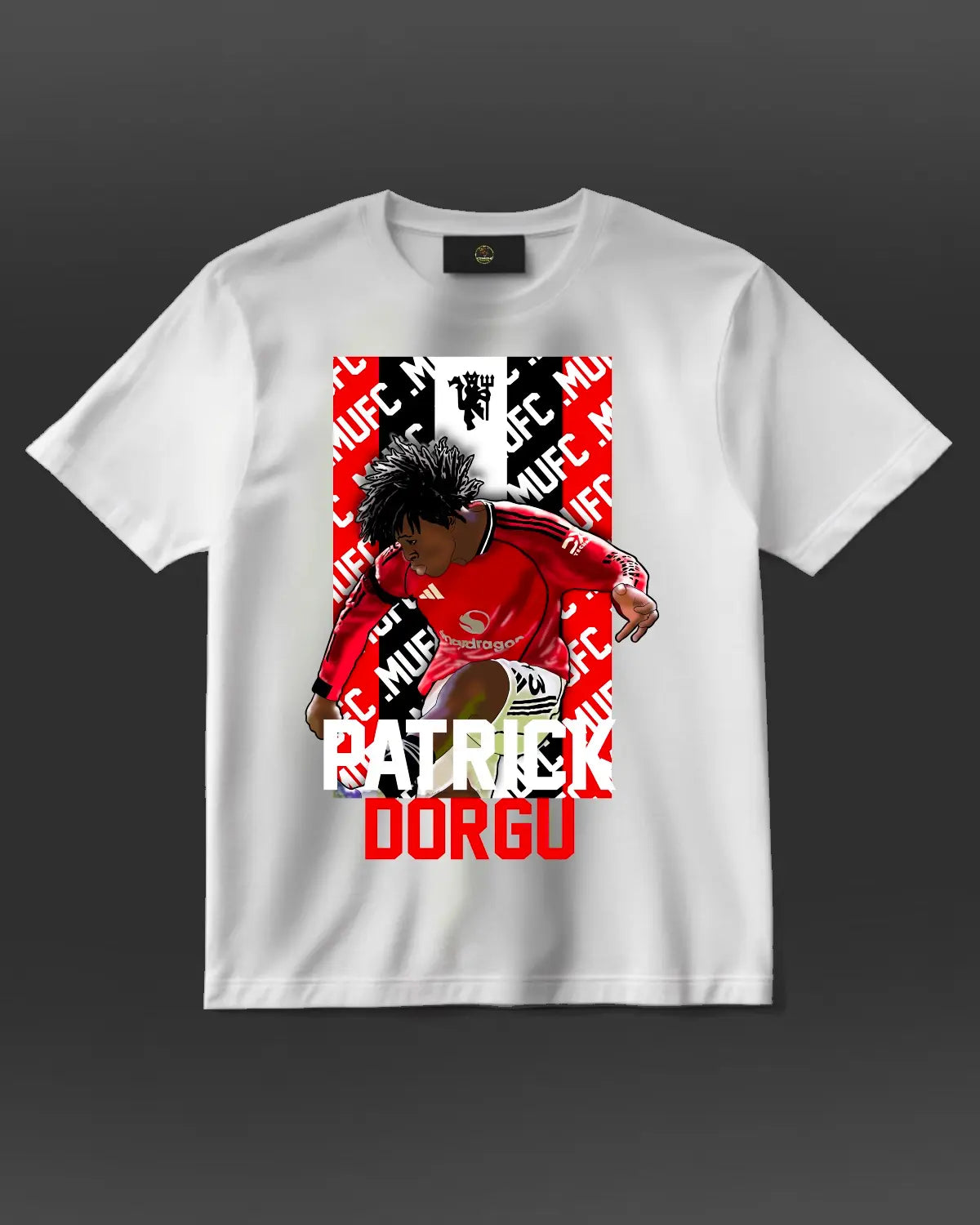 Patrick Dorgu Manchester United Left-Back Prodigy T-Shirt | GrizzlyGFX | Black or White Adult Unisex Football Tee