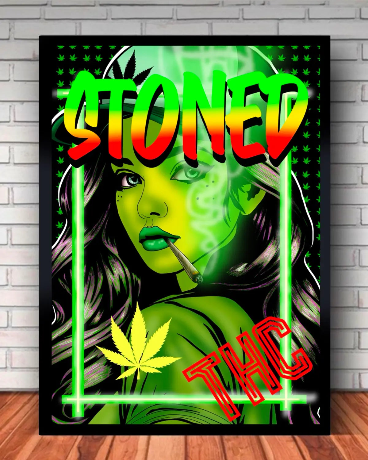 Stoned Girl Smoking Spliff Large Canvas | 24x36 Black Frame | Cannabis THC Wall Art by GrizzlySlapz