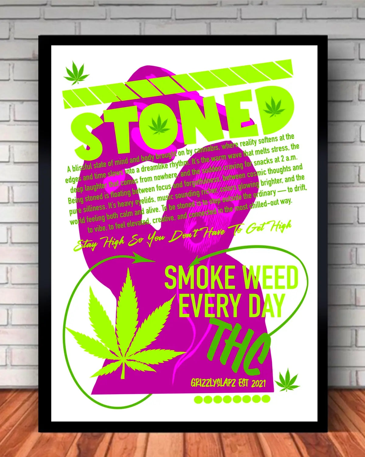 Stoned: Definition Weed Art Large Canvas | Cannabis Hoodie Middle Finger Artwork by GrizzlySlapz | 24x36 Black Frame