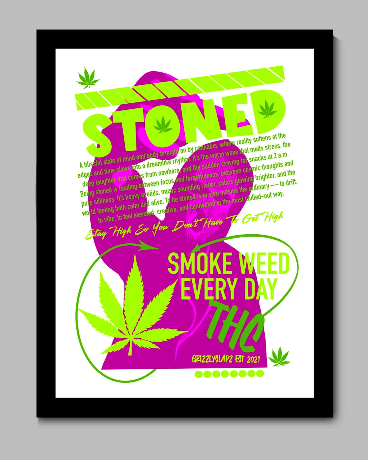 Stoned: Definition Weed Art Large Canvas | Cannabis Hoodie Middle Finger Artwork by GrizzlySlapz | 24x36 Black Frame