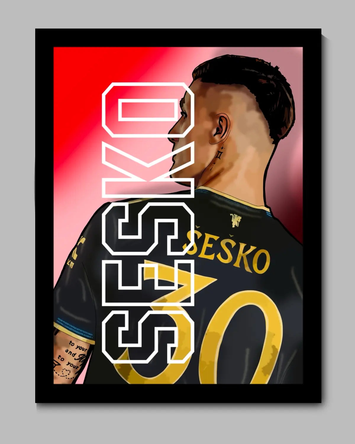 Benjamin Šeško Manchester United Canvas Wall Art | New Striker Football Artwork by GrizzlyGFX | Large 24x36 Black Frame