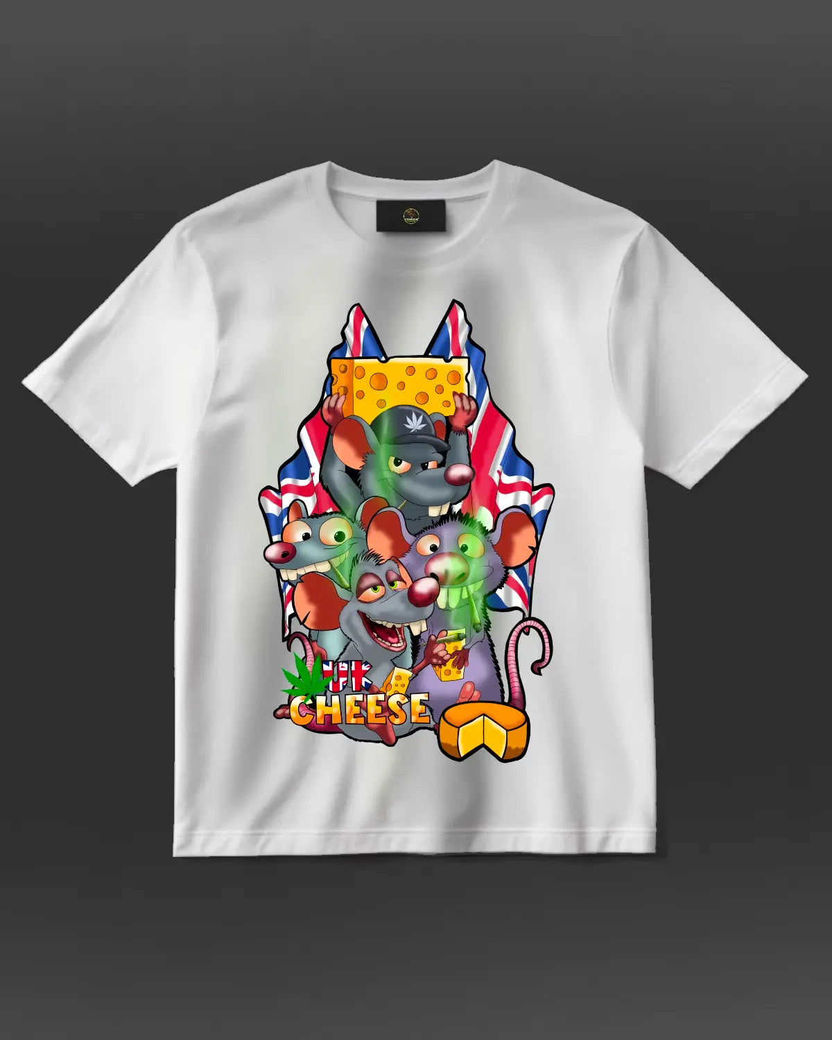 UK Cheese Weed Strain T-Shirt | 4 Rats Smoking Spliffs & Holding Cheese Blocks | Cannabis Artwork by GrizzlySlapz | Black or White Adults Unisex