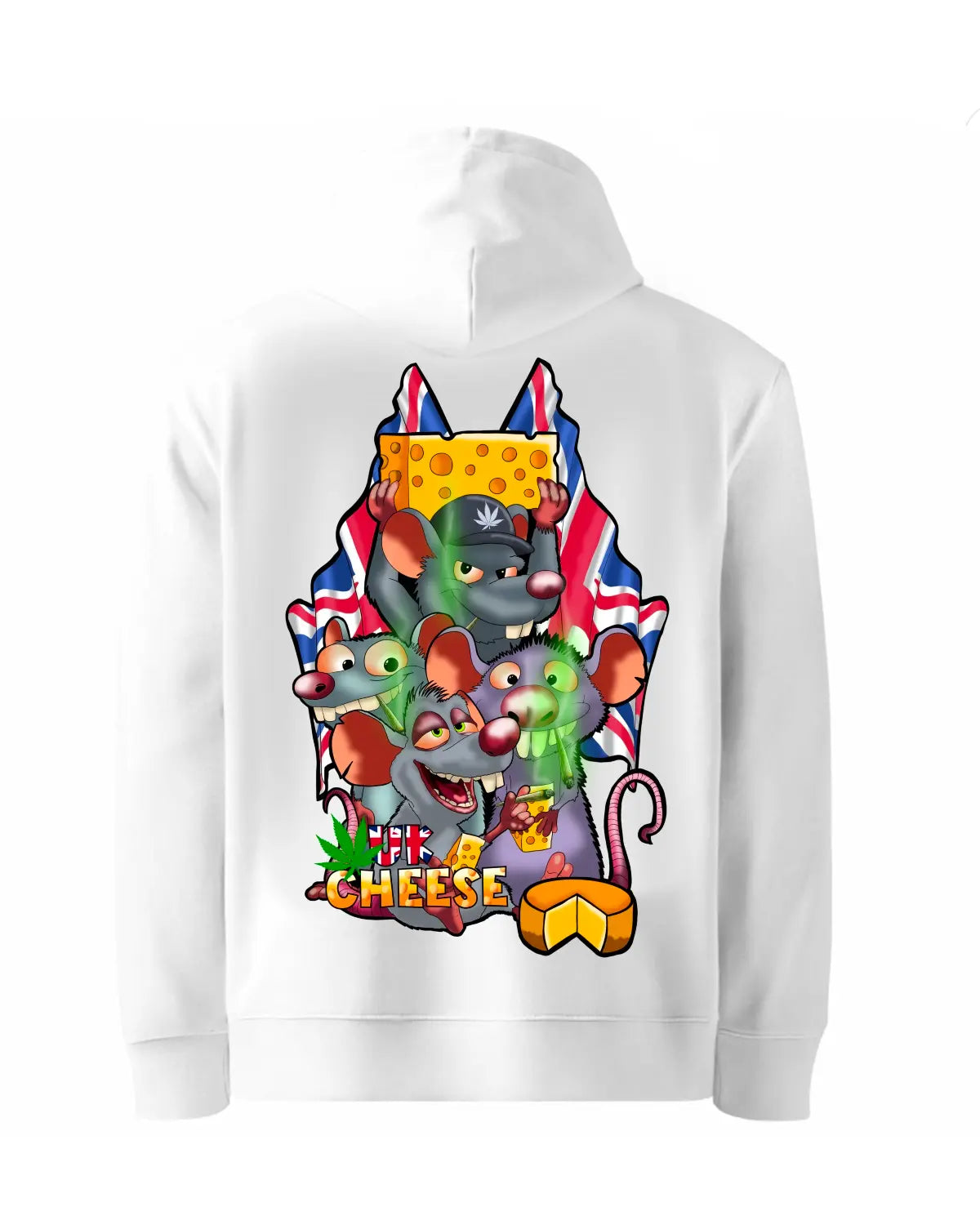 UK Cheese Weed Strain Hoodie | 4 Rats Smoking Spliffs & Holding Cheese Blocks | Cannabis Artwork by GrizzlySlapz | Black or White Adults Unisex