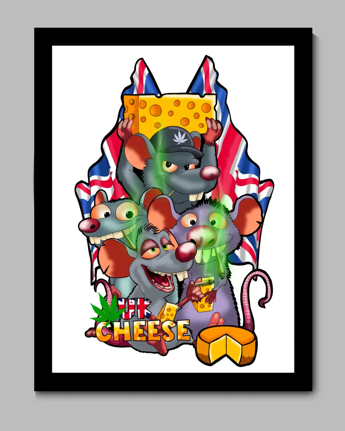 UK Cheese Weed Strain Large Canvas Wall Art (24x36) | 4 Rats Smoking Spliffs & Cheese Design | GrizzlySlapz