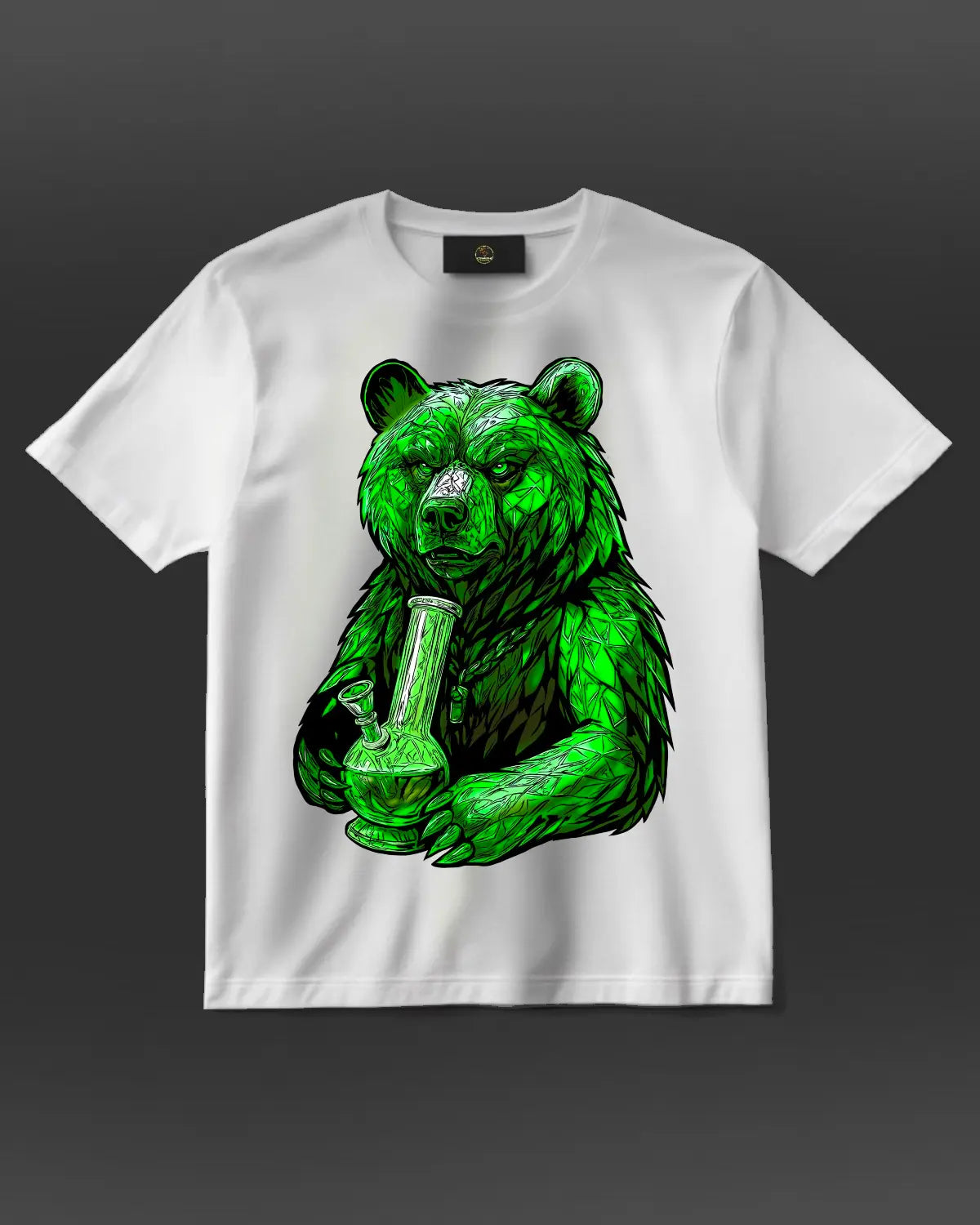 Emerald Grizzly Bear Bong T-Shirt – Ultra Detailed Weed Artwork by GrizzlySlapz | Black or White Unisex Adults
