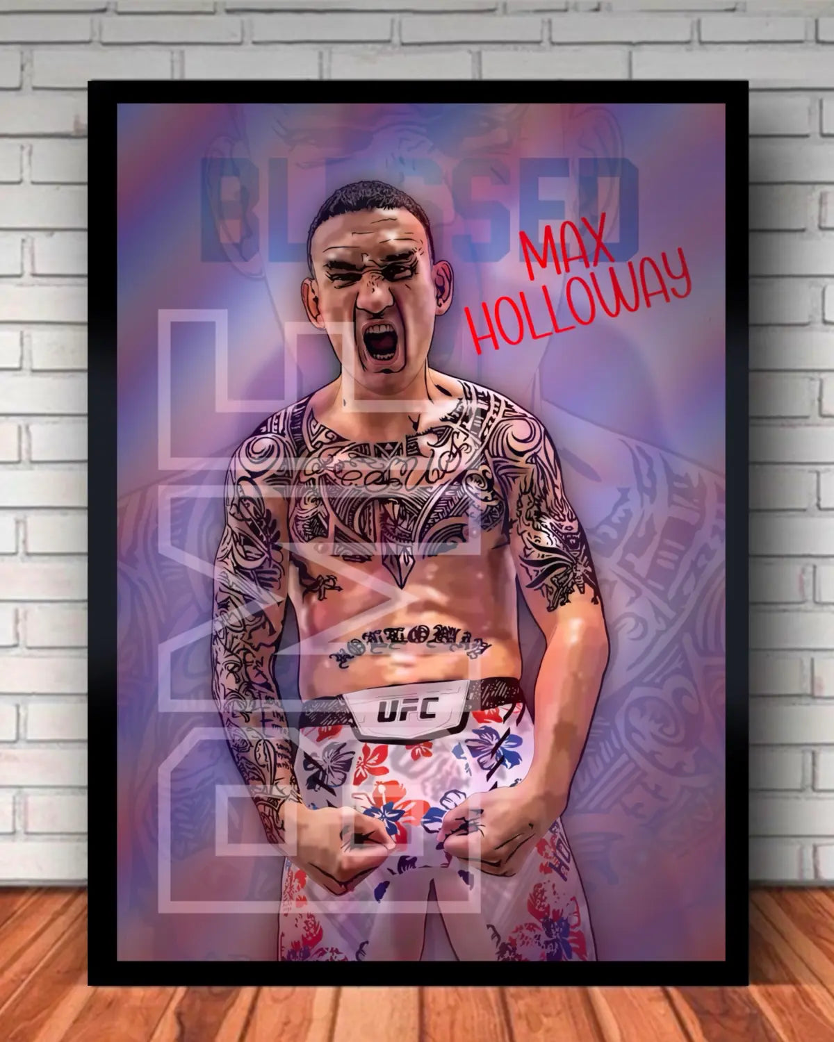Max Holloway “Blessed” BMF UFC Canvas | Large 24x36 Black Frame | Hawaiian MMA Icon Wall Art by GrizzlyGFX
