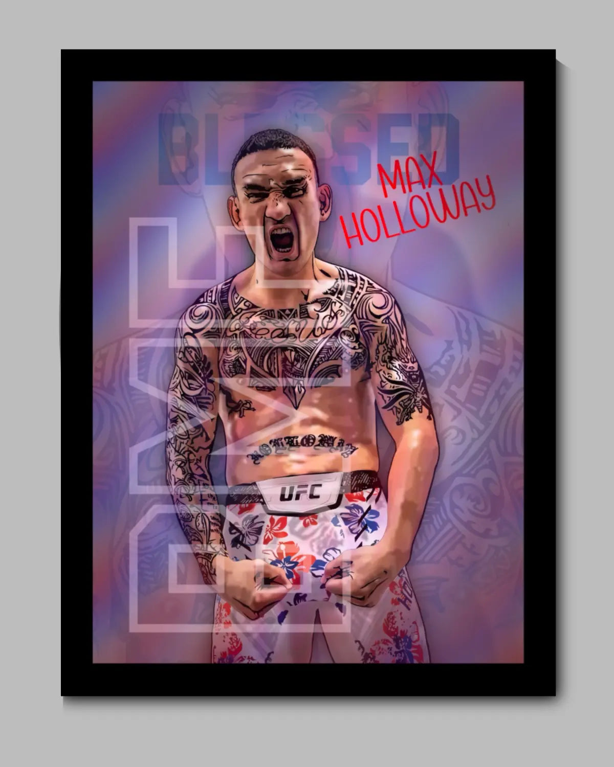 Max Holloway “Blessed” BMF UFC Canvas | Large 24x36 Black Frame | Hawaiian MMA Icon Wall Art by GrizzlyGFX