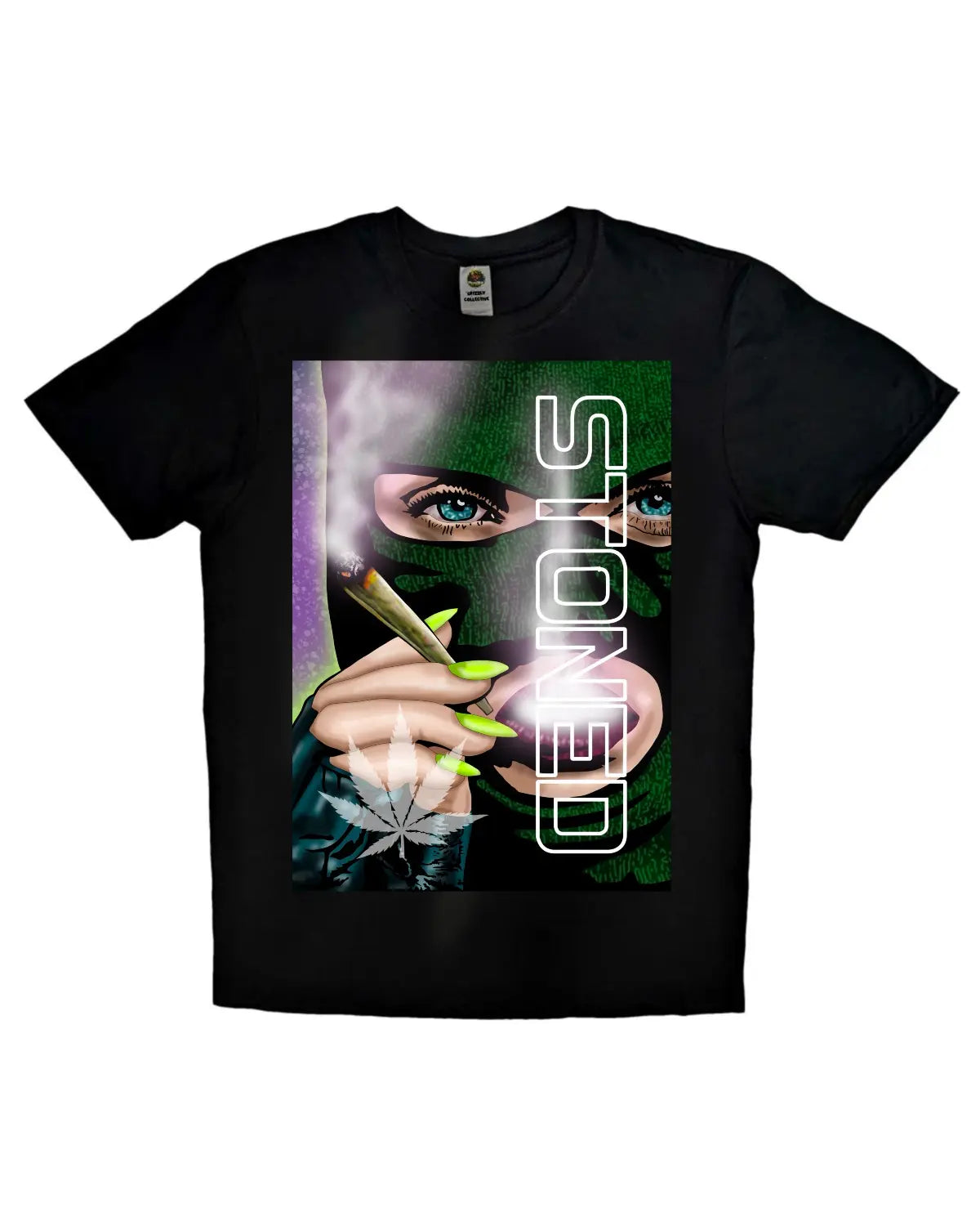 Stoned Woman in Balaclava Smoking Joint T-Shirt | Weed Art Design by GrizzlySlapz | Adult Unisex Black or White