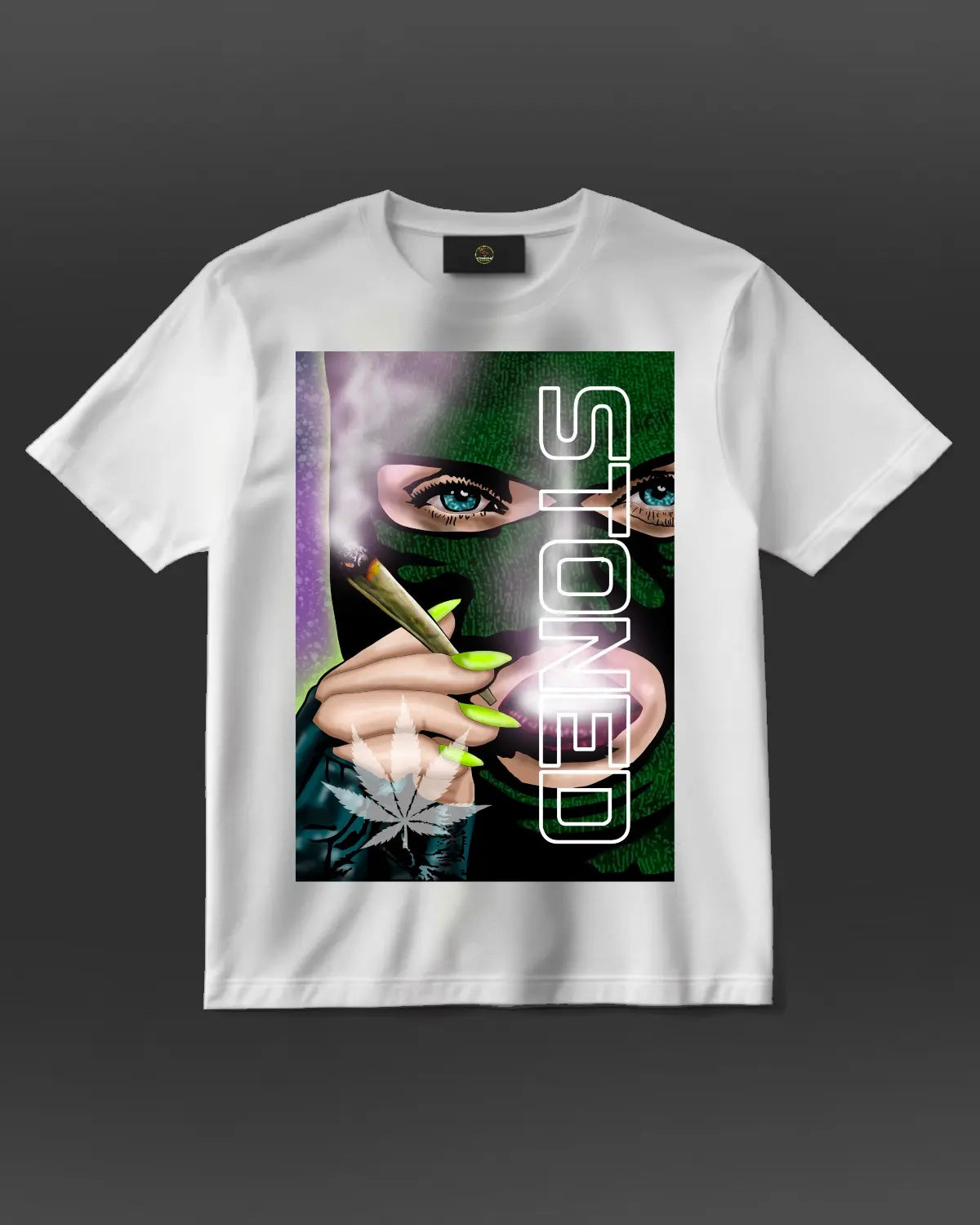 Stoned Woman in Balaclava Smoking Joint T-Shirt | Weed Art Design by GrizzlySlapz | Adult Unisex Black or White