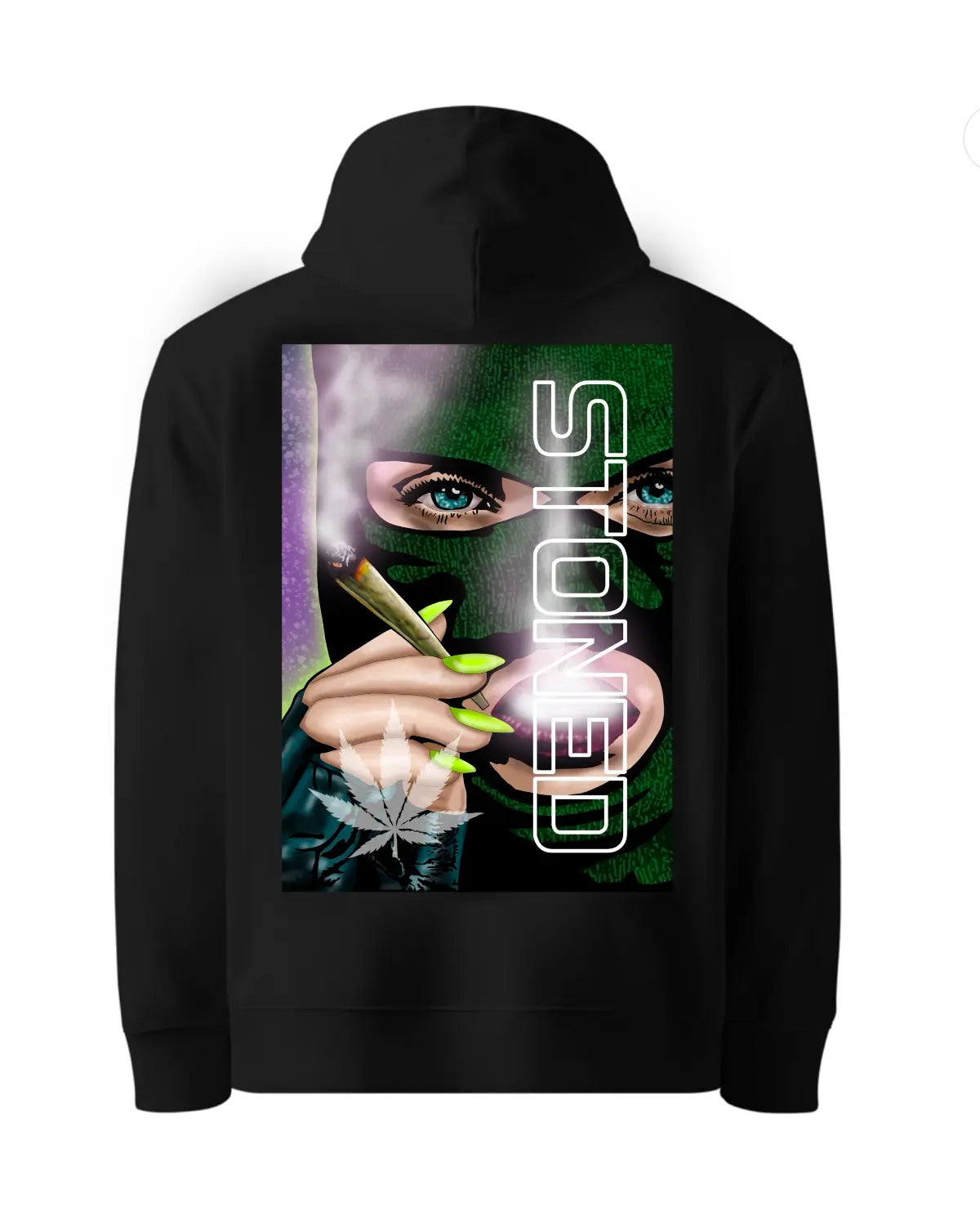 Stoned Woman in Balaclava Smoking Joint Hoodie | Weed Art by GrizzlySlapz | Adult Unisex Black or White