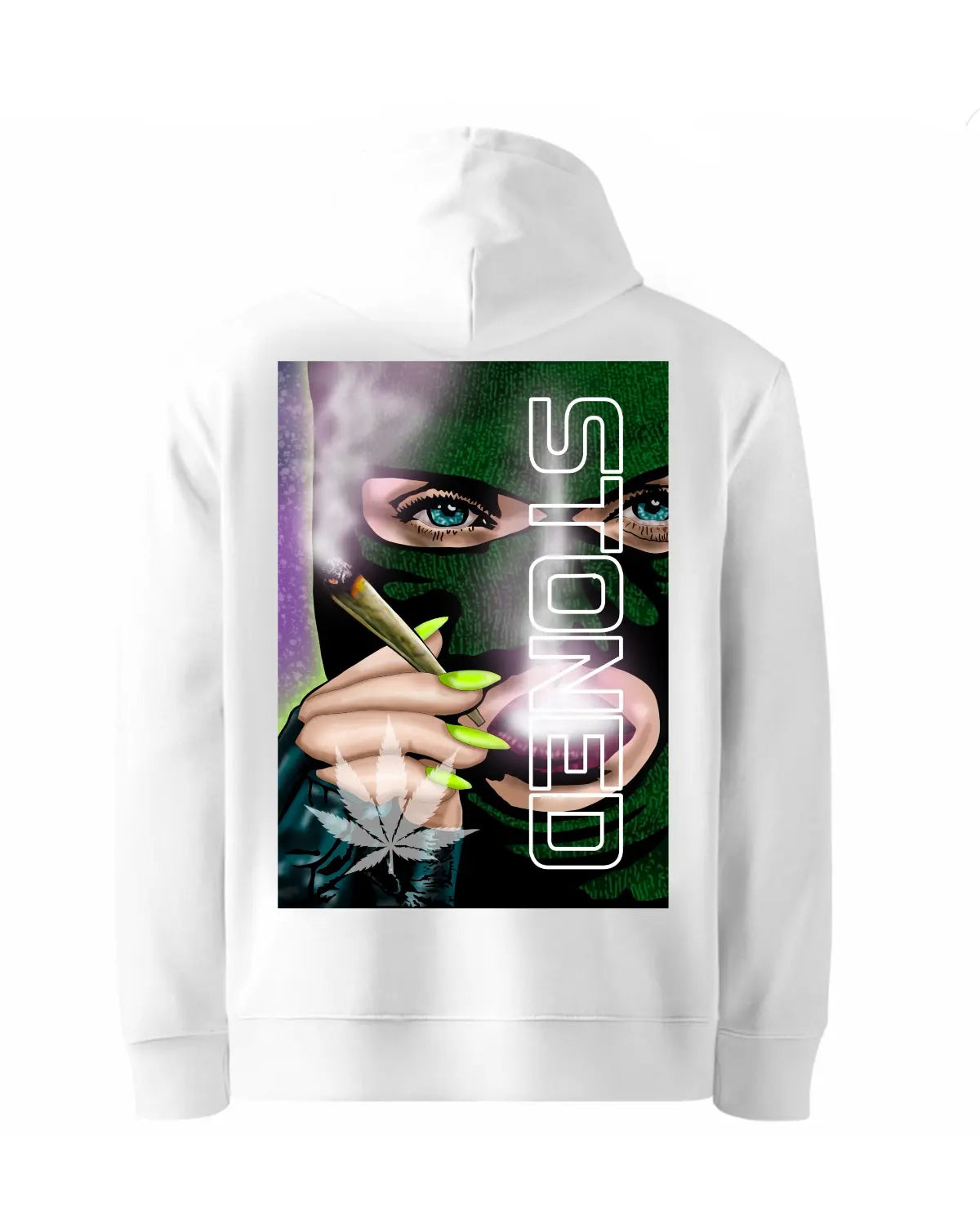 Stoned Woman in Balaclava Smoking Joint Hoodie | Weed Art by GrizzlySlapz | Adult Unisex Black or White