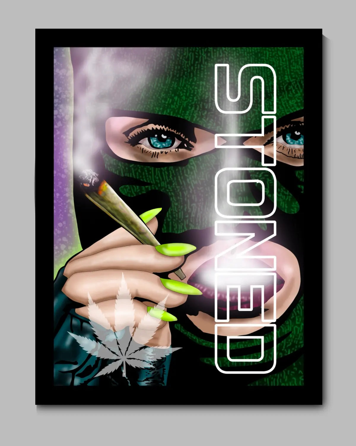 Stoned Woman in Balaclava Smoking Joint Weed Art | Large 24×36 Black Framed Canvas by GrizzlySlapz