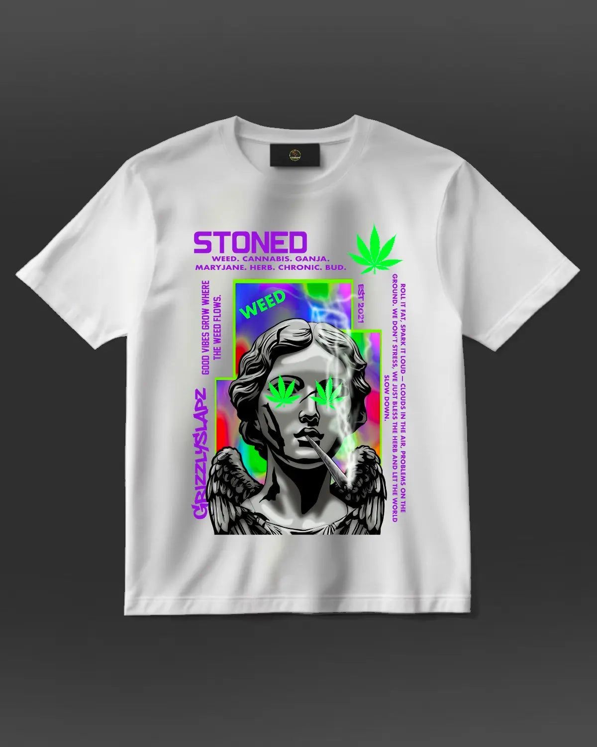 Stoned Woman Statue Smoking Joint T-Shirt | GrizzlySlapz Weed Art Design | Black or White XS-XXL