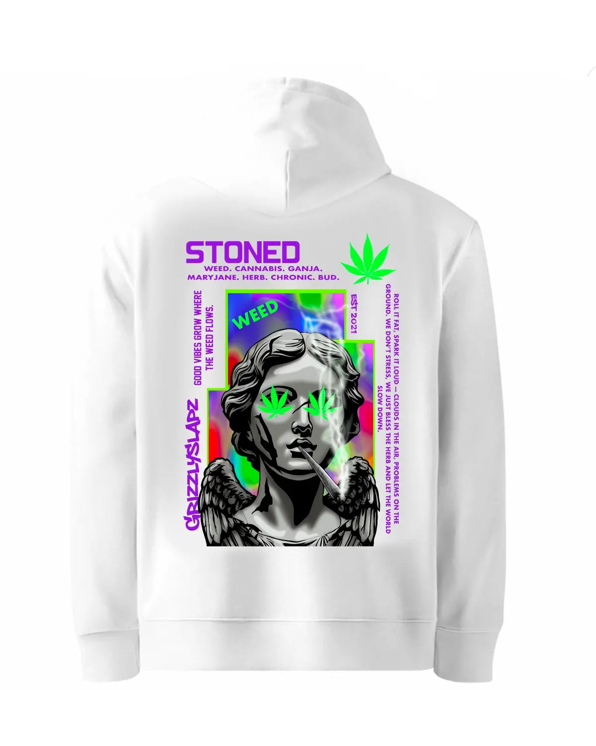 Stoned Woman Statue Smoking Joint Hoodie | GrizzlySlapz Weed Art Design | Black or White S–XXL